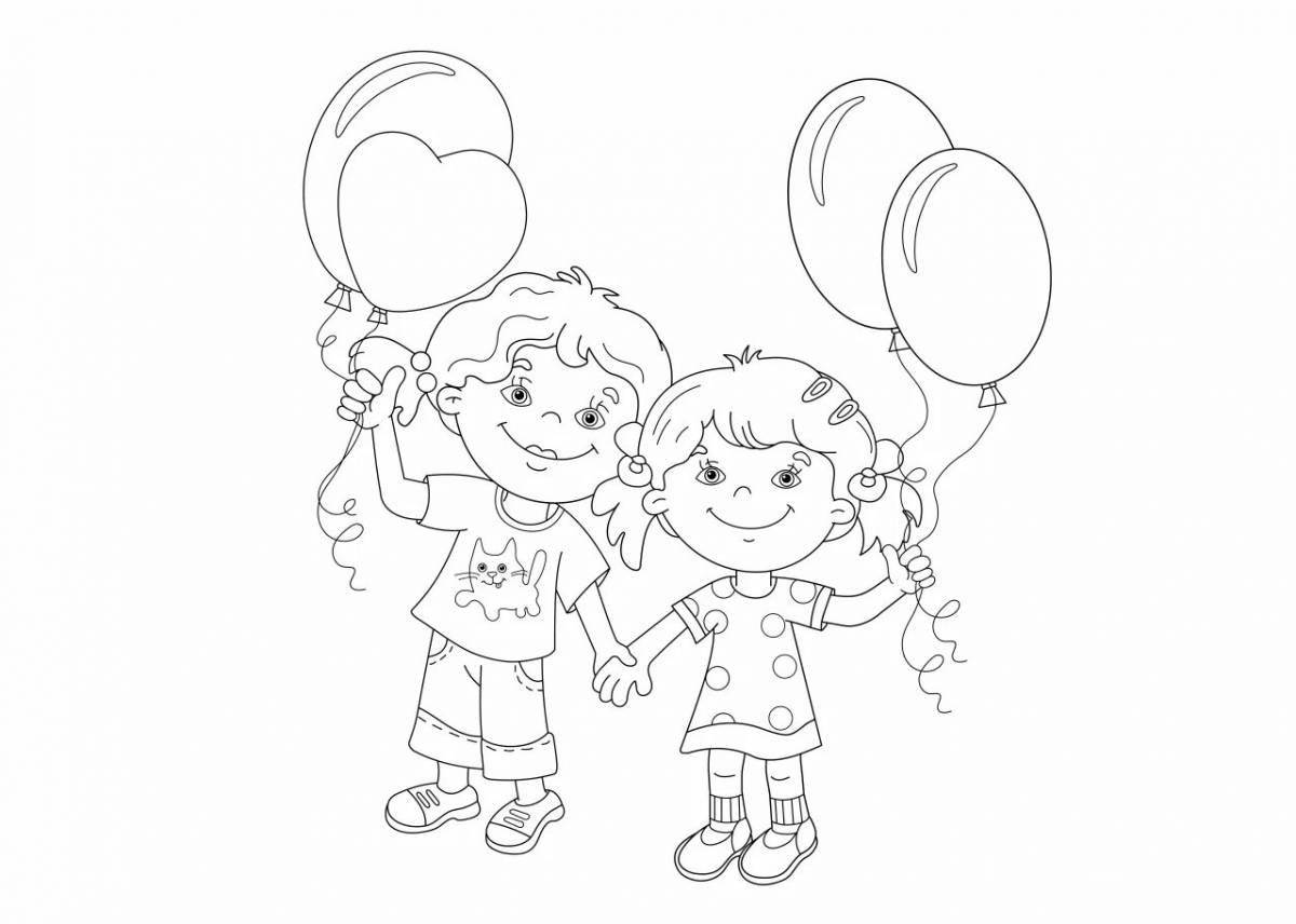 Радостный мальчик и девочка, взявшись за руки раскраска