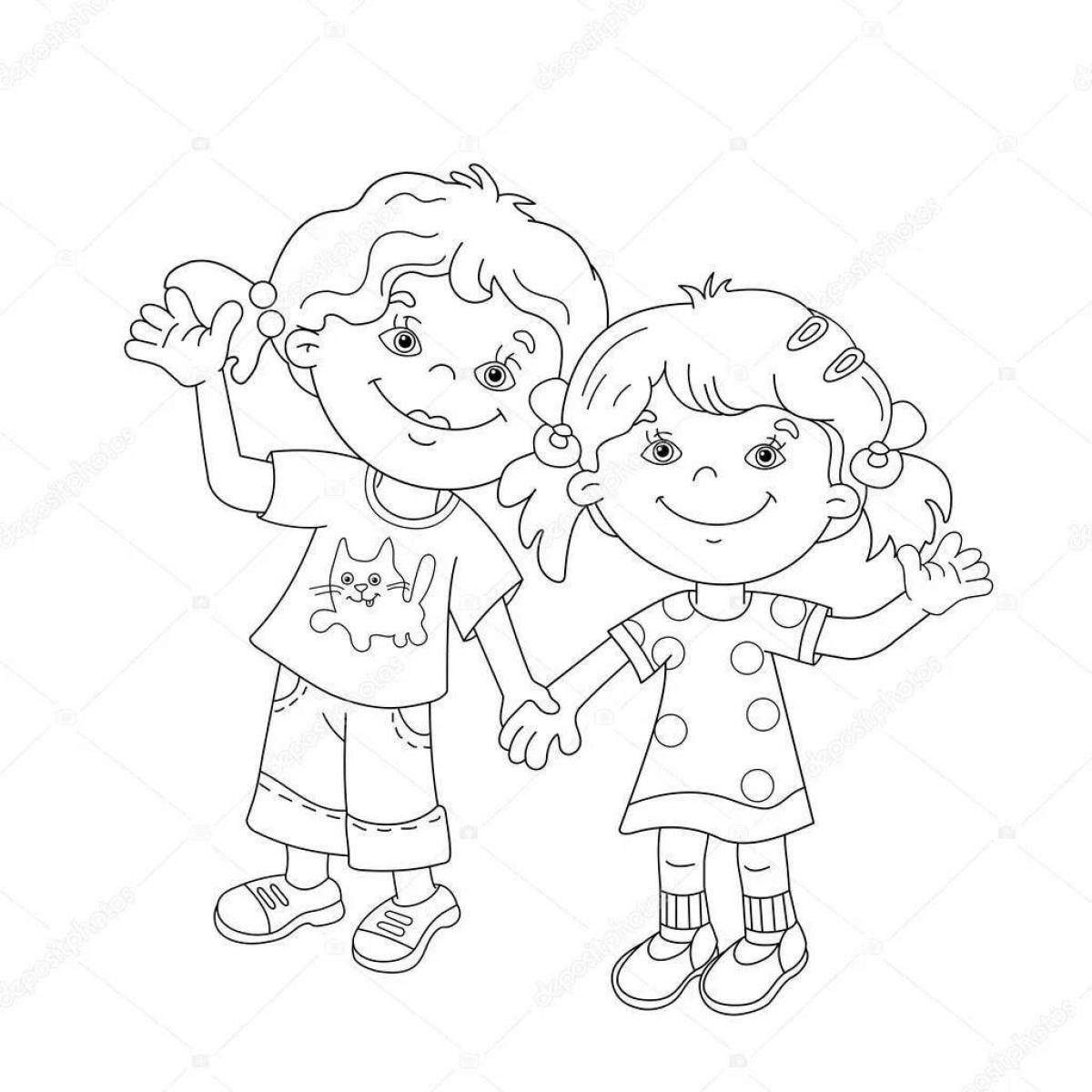 Радостный мальчик и девочка, держащиеся за руки раскраска