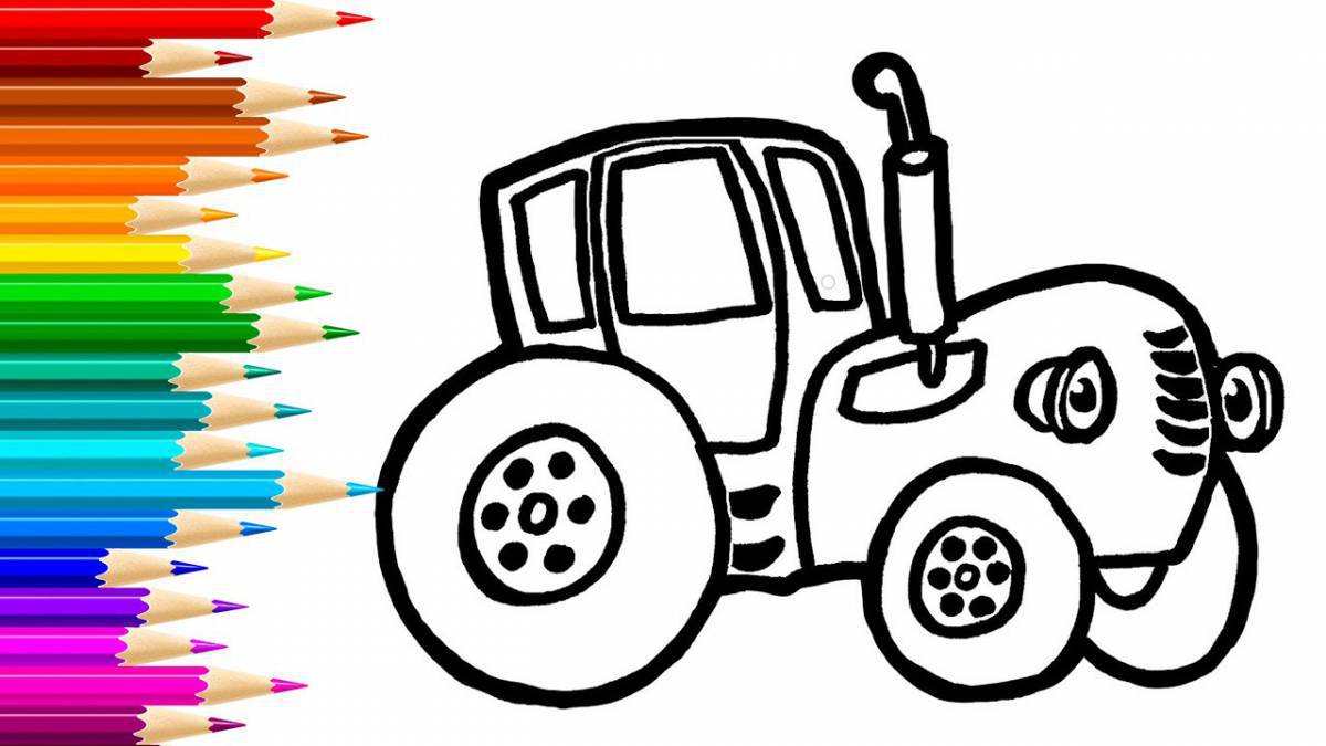 Раскраска очаровательный синий трактор для детей
