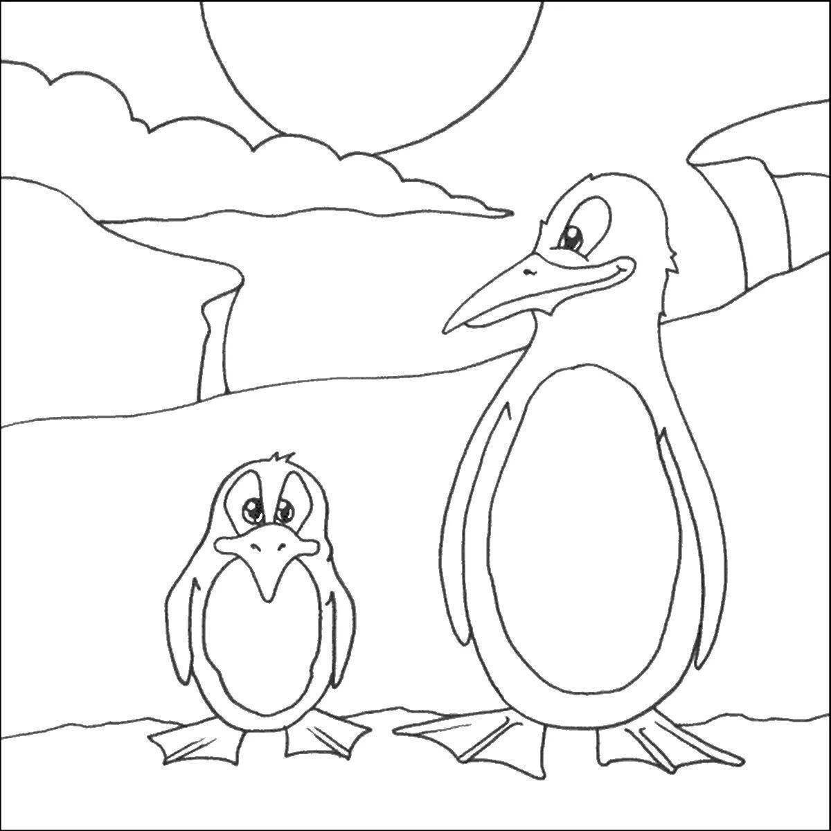 Красочная страница раскраски семьи пингвинов