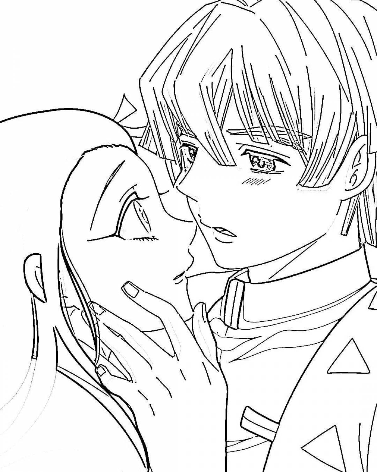 Забавная раскраска аниме поцелуй