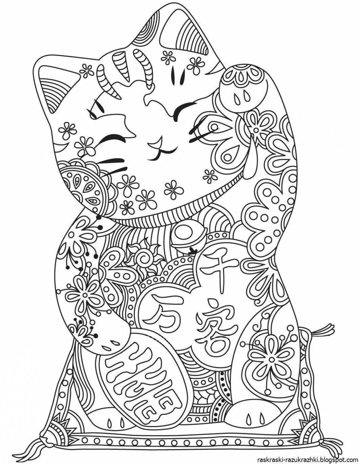 Раскраска очаровательная китайская кошка