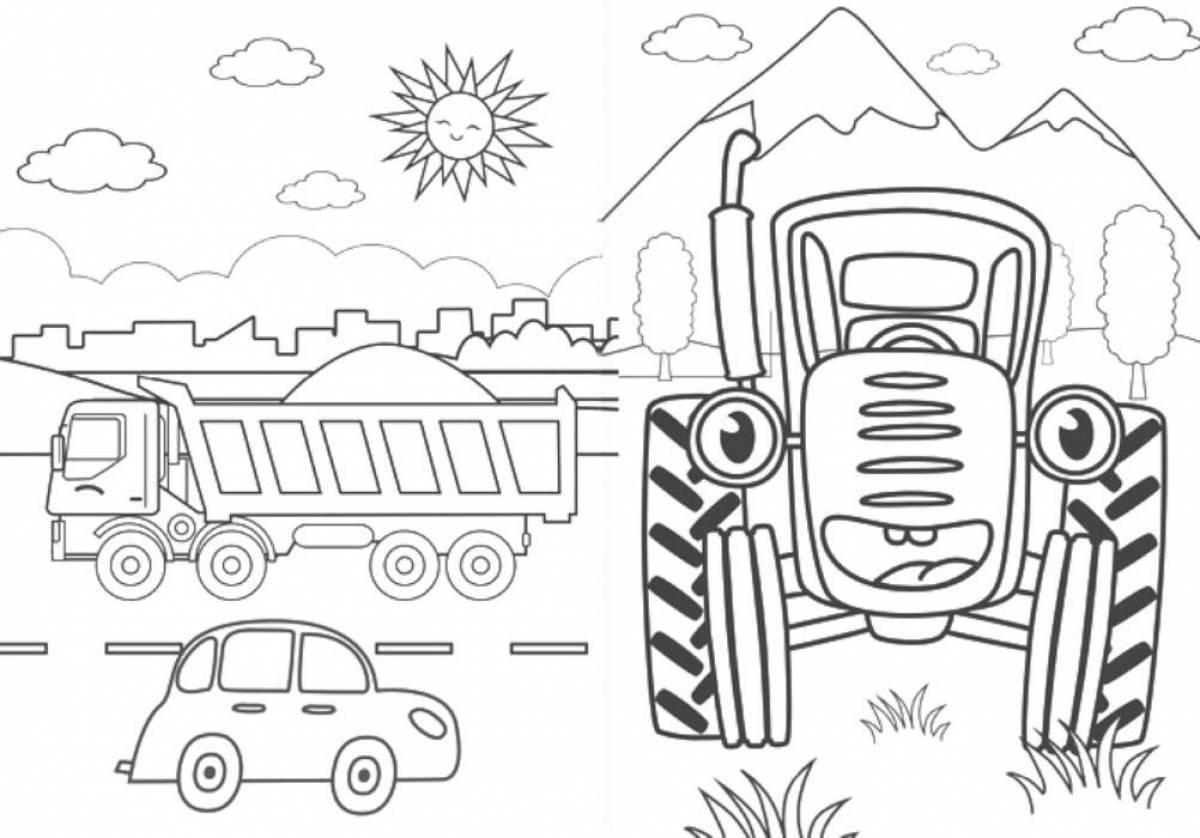 Ярко-синий трактор раскраски для дошкольников 2-3 лет