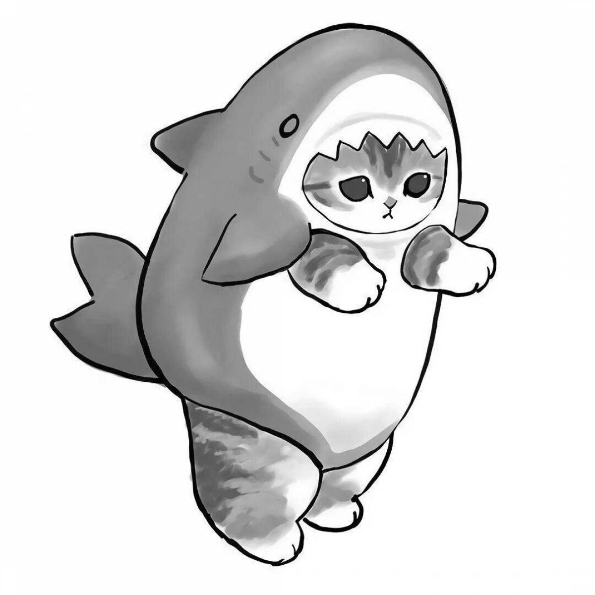 Раскраска игривый кот в костюме акулы