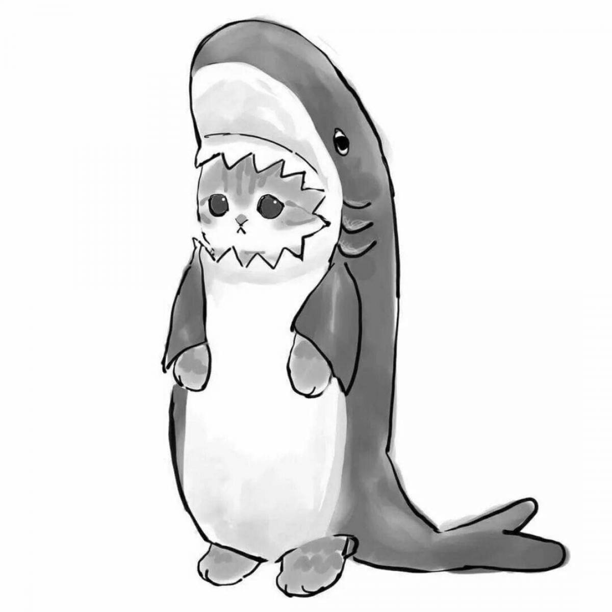 Раскраска забавный кот в костюме акулы
