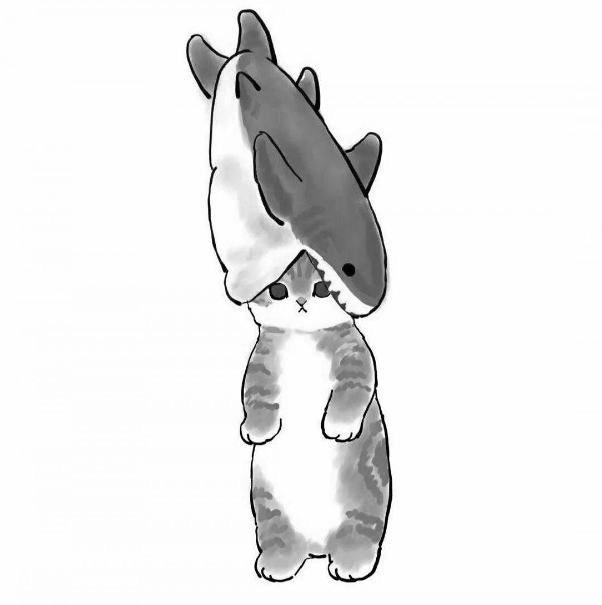 Раскраска озорная кошка в костюме акулы