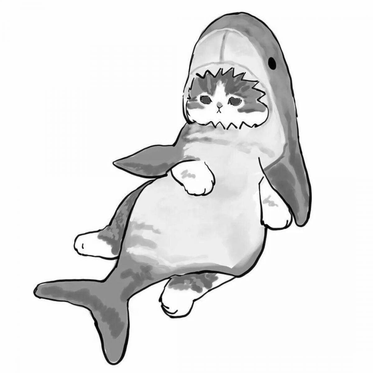 Раскраска буйный кот в костюме акулы