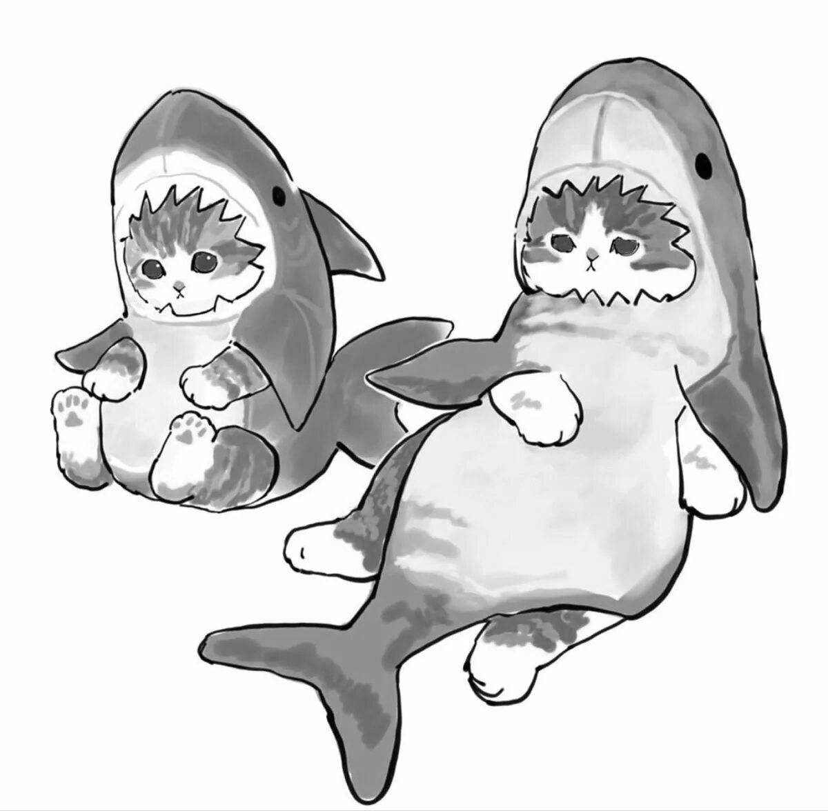 Раскраска захватывающий кот в костюме акулы