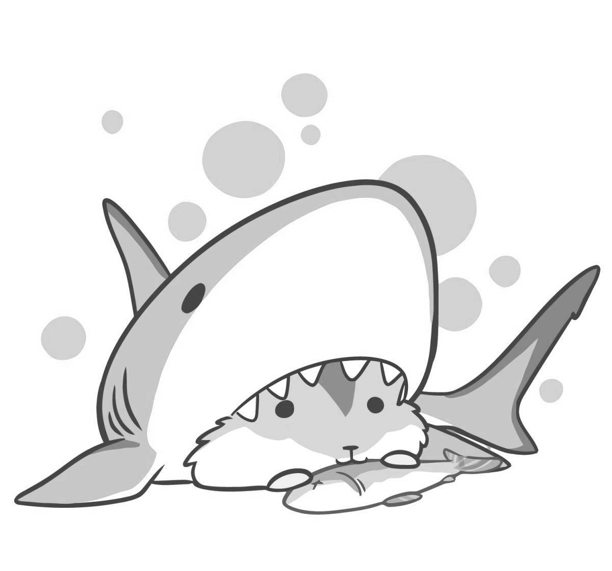 Раскраска смешной кот в костюме акулы
