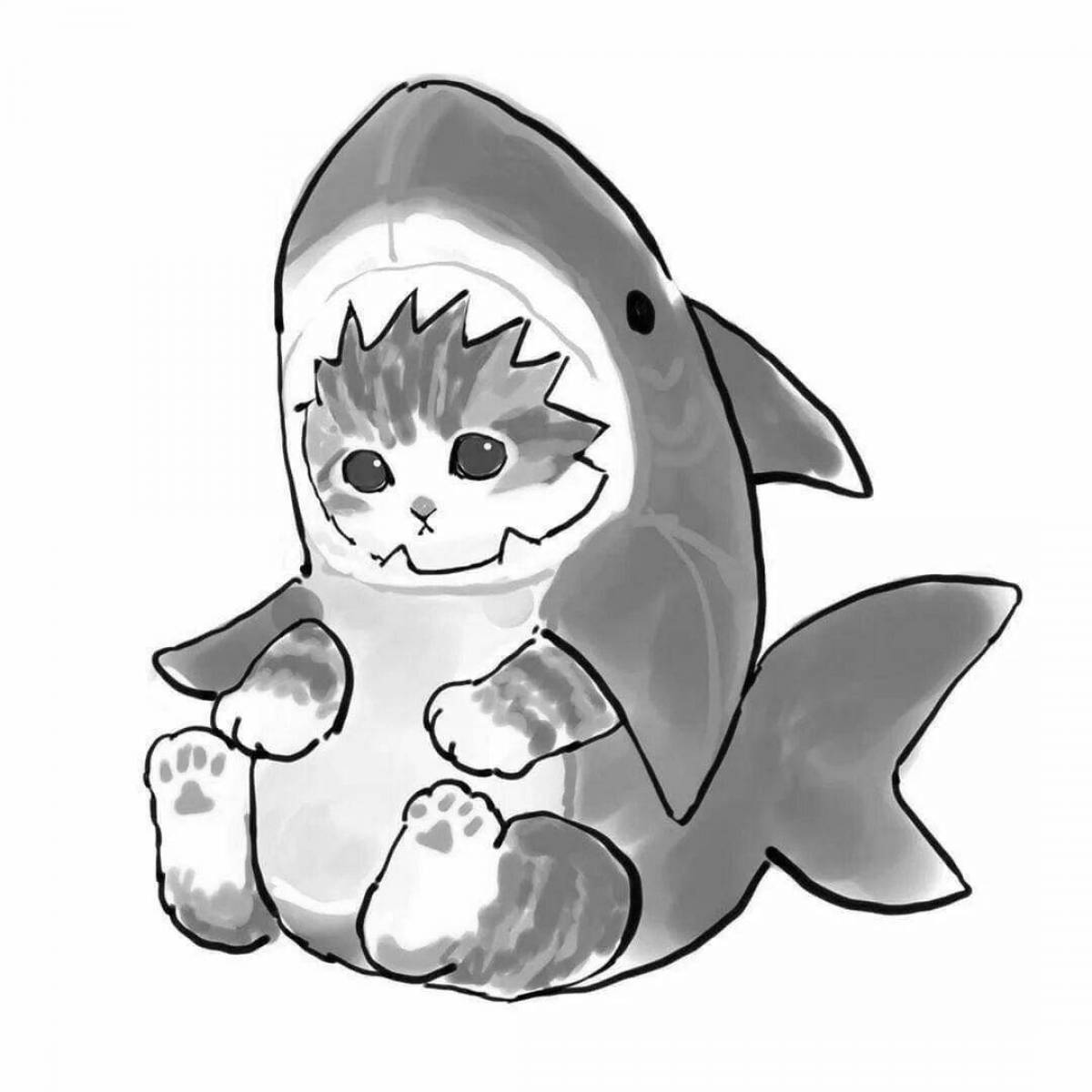 Причудливый кот в костюме акулы раскраска