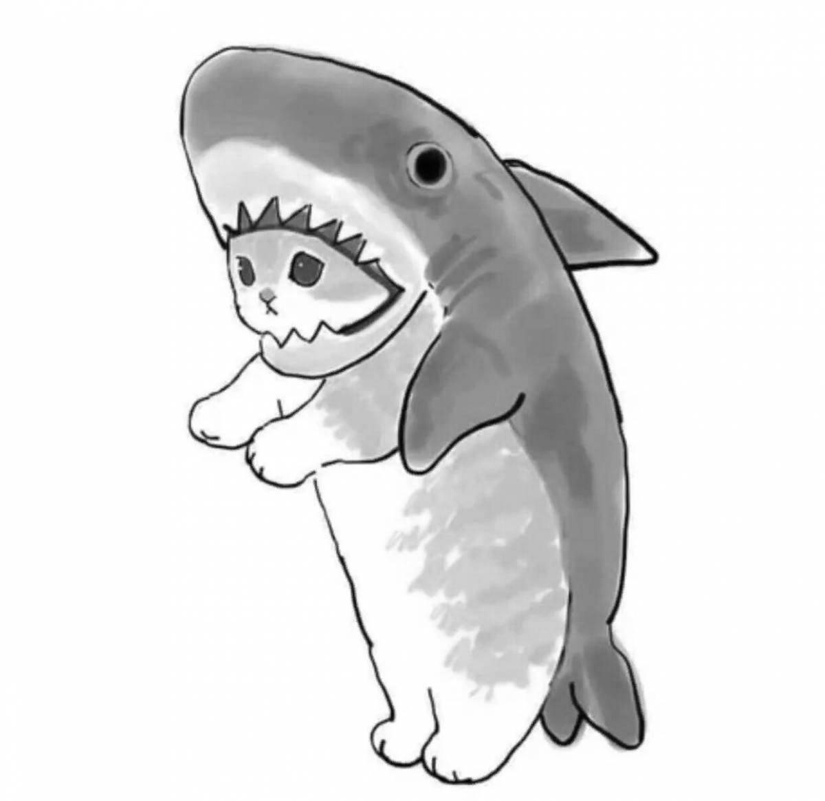 Раскраска сумасшедший кот в костюме акулы