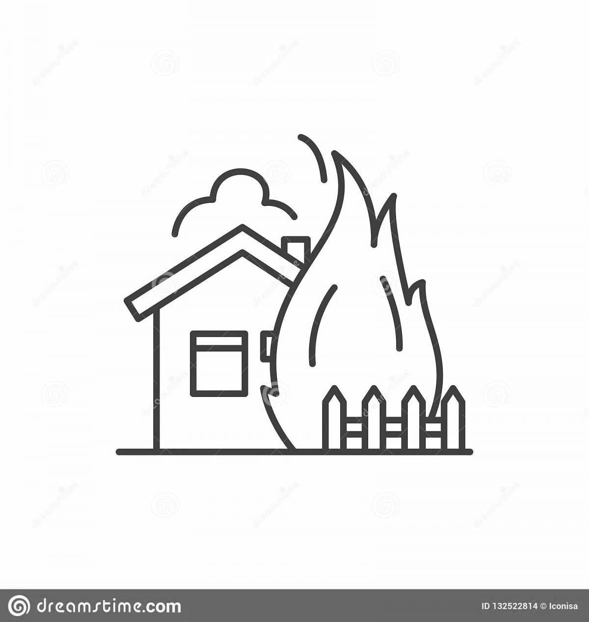 Яркая раскраска горящий дом для детей
