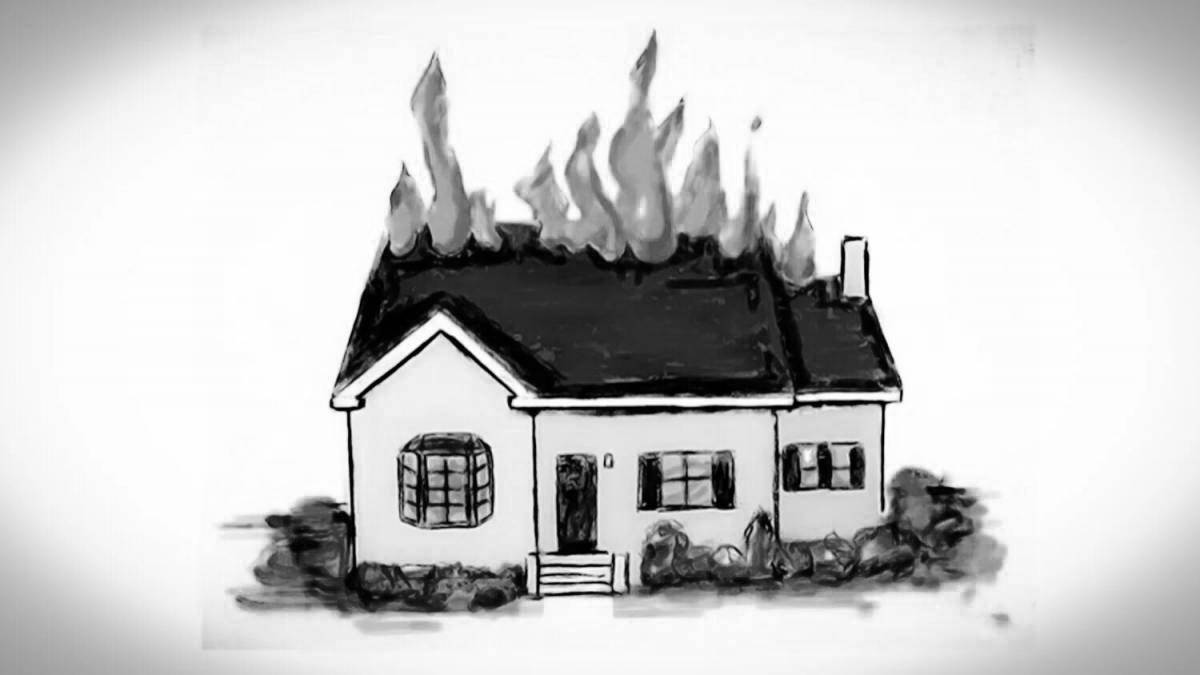 Впечатляющая раскраска горящий дом для детей