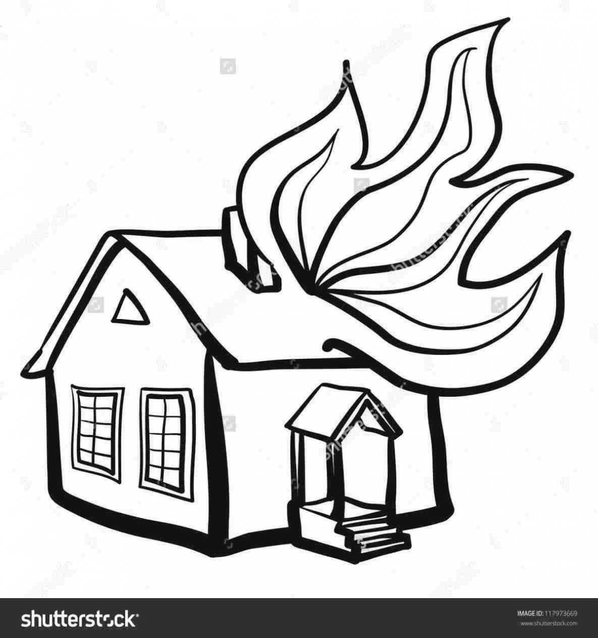Раскраска очаровательный горящий дом для детей