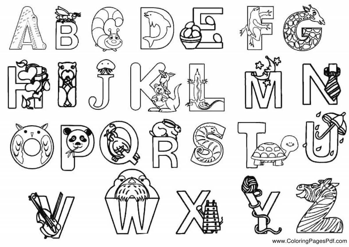 Красочная страница раскраски с английским алфавитом для детей всех интересов