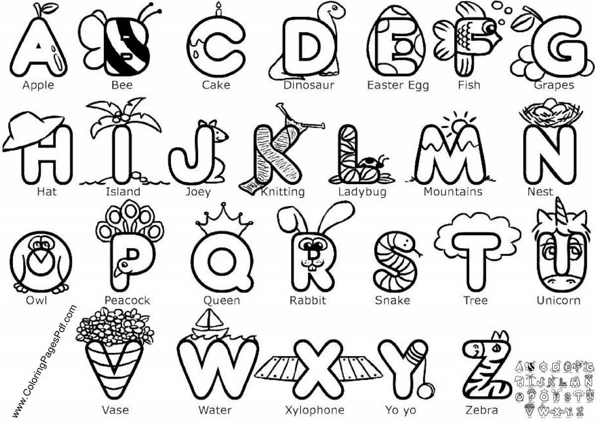 Красочная страница раскраски с английским алфавитом для детей со всеми способностями