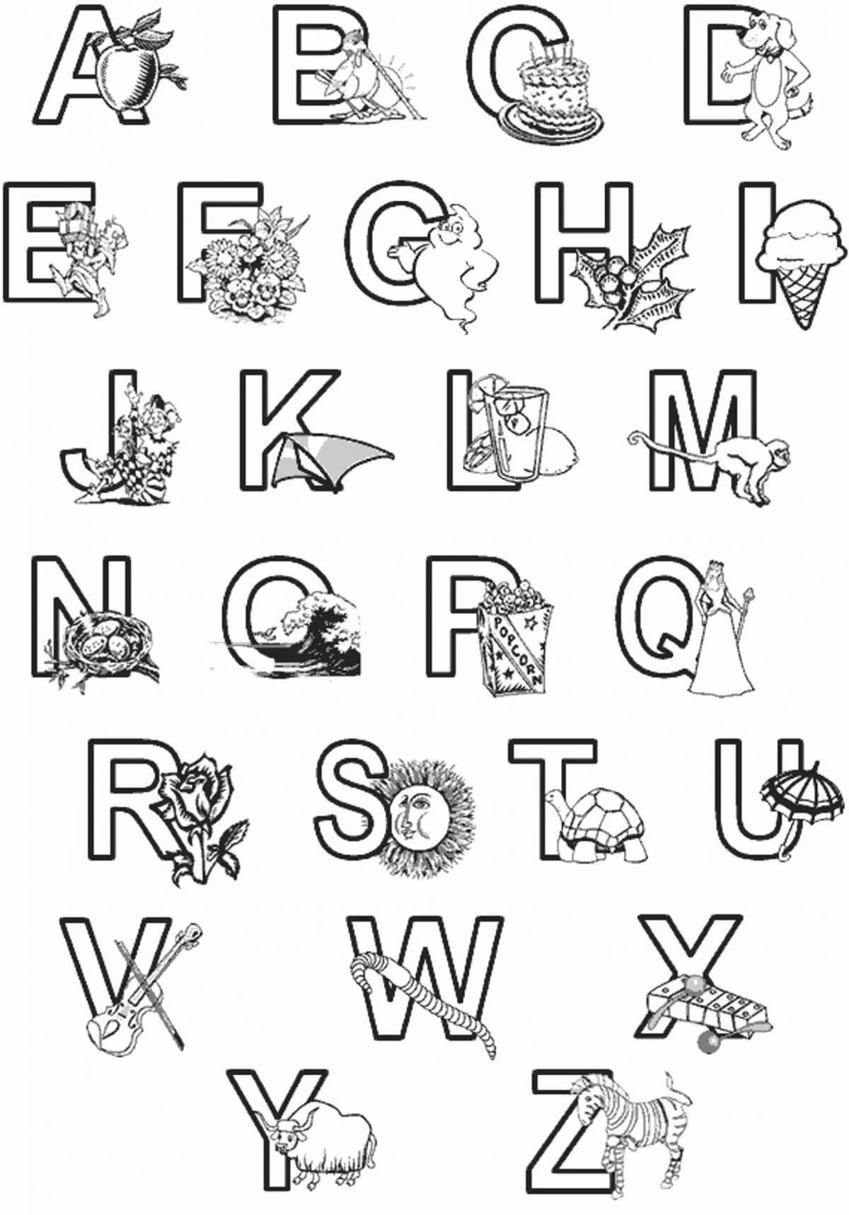Красочная страница раскраски с английским алфавитом для детей всех размеров