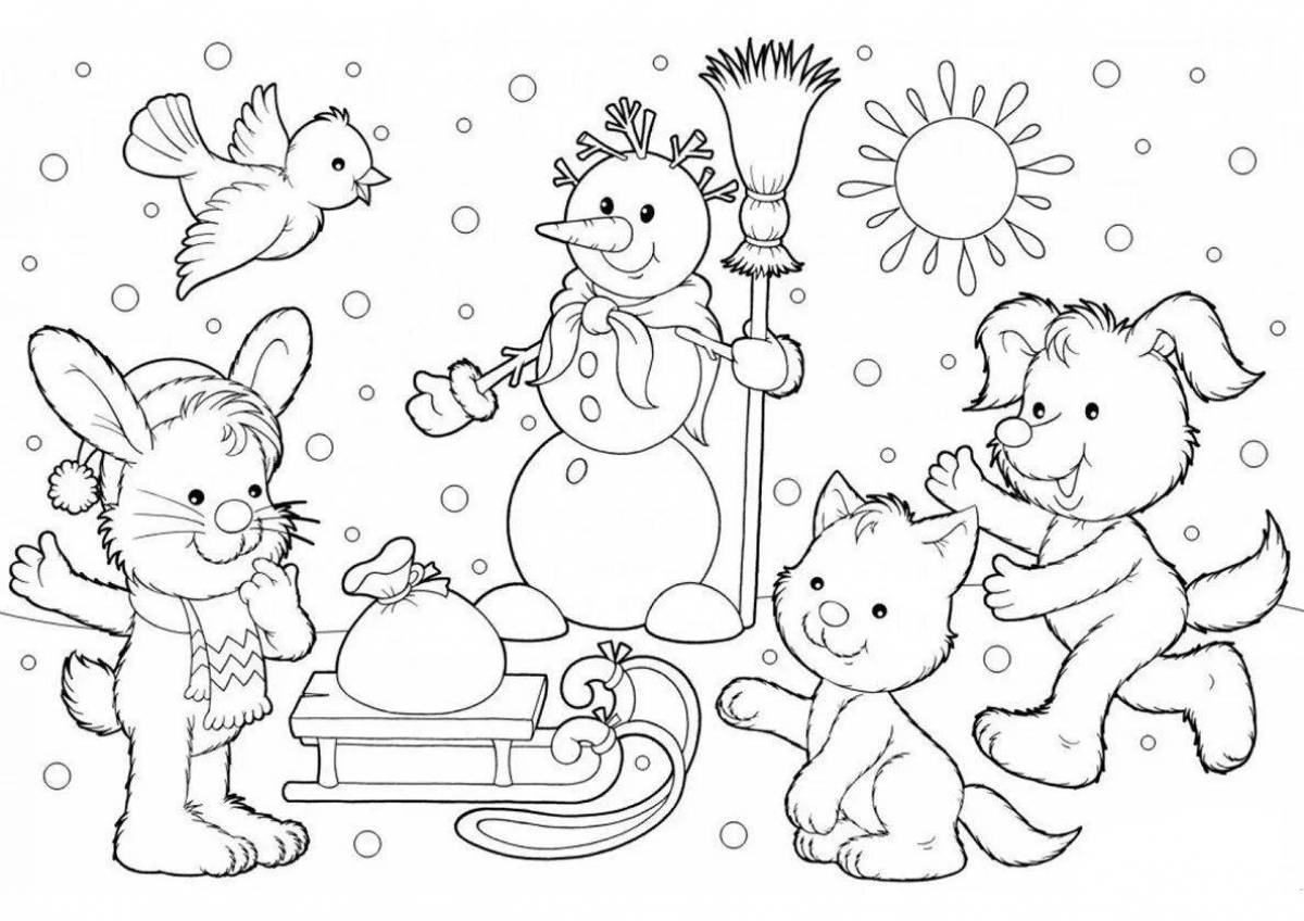 Яркая раскраска рисунок зимушка зима в детском саду