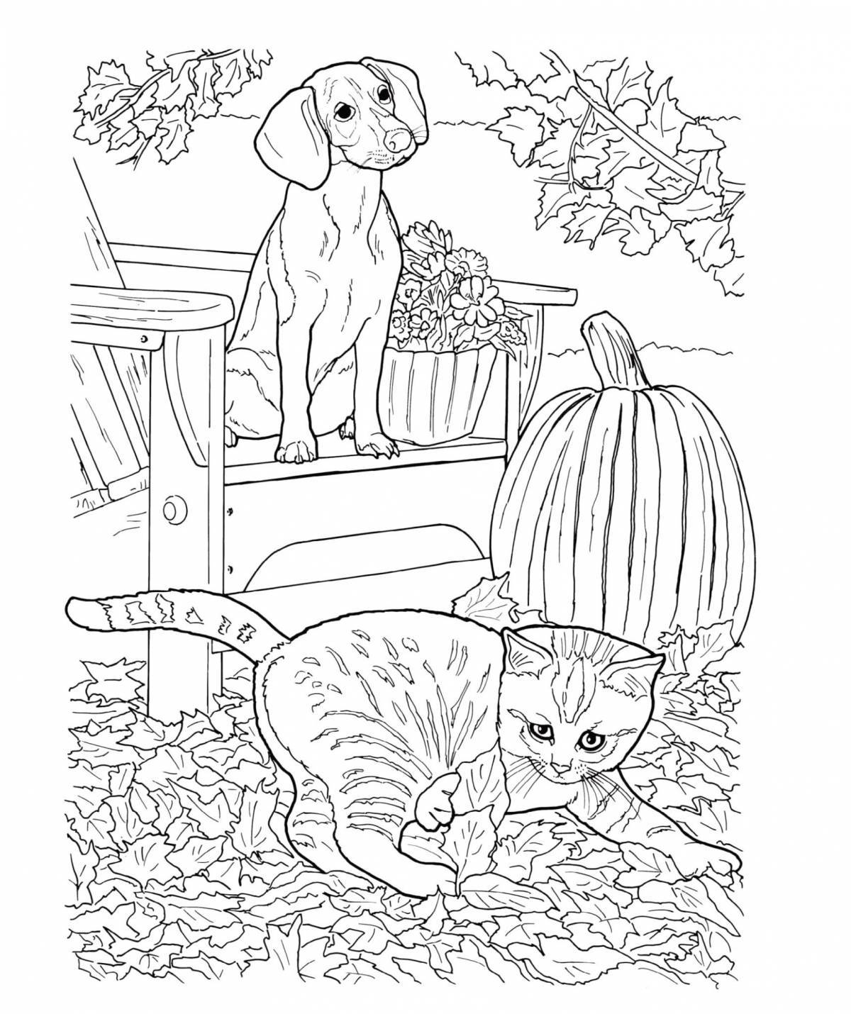 Радостная страница раскраски собак и кошек