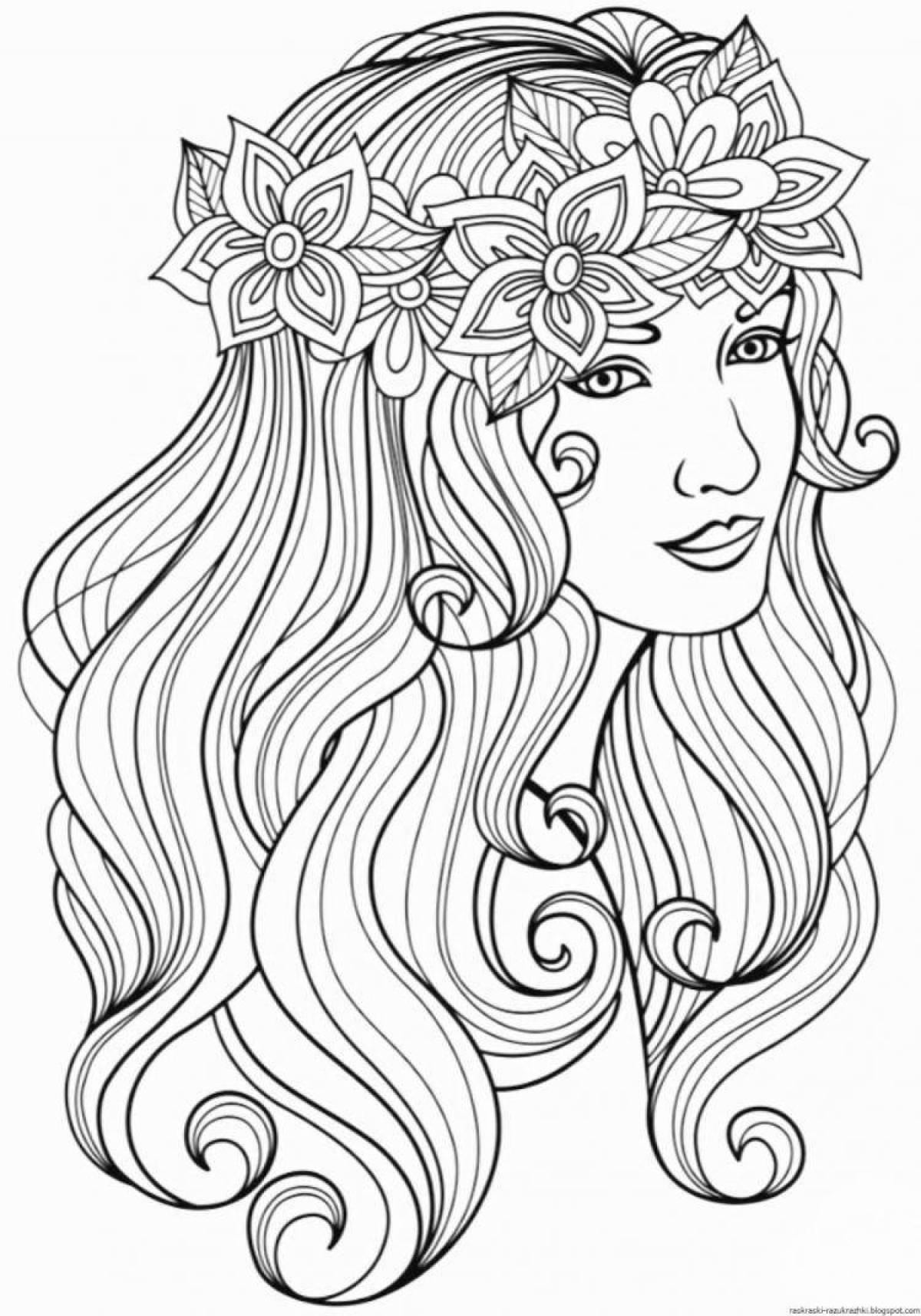 Изысканная раскраска девочки с длинными волосами