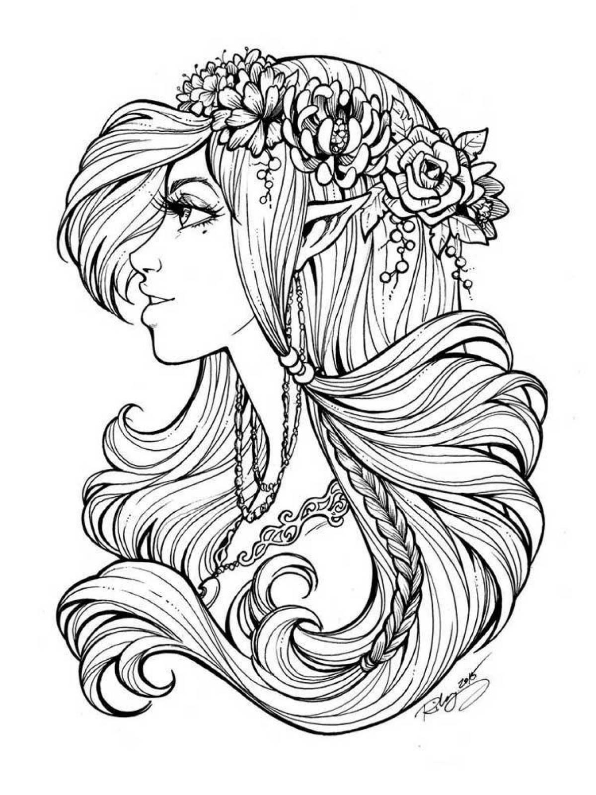 Экзотическая раскраска девочки с длинными волосами