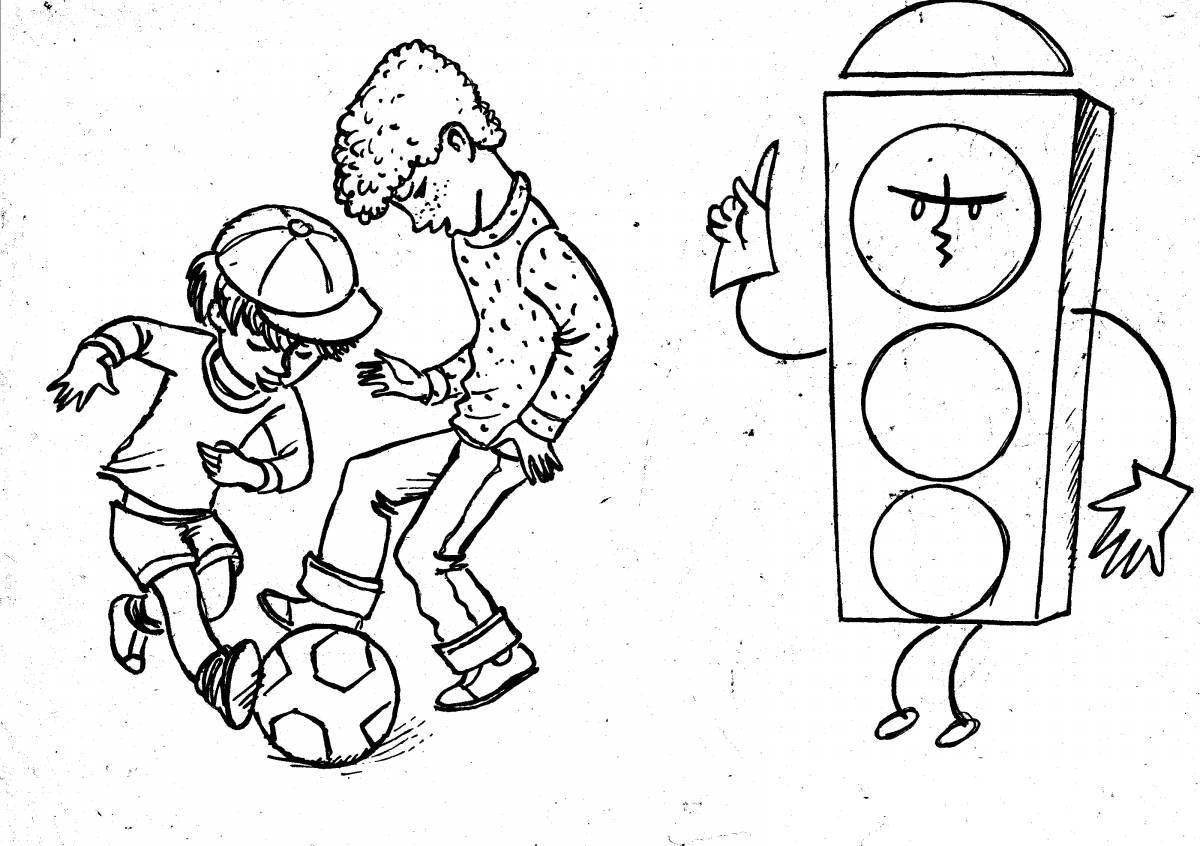 Красочная страница-раскраска «правила дорожного движения» для детей 3-4 лет