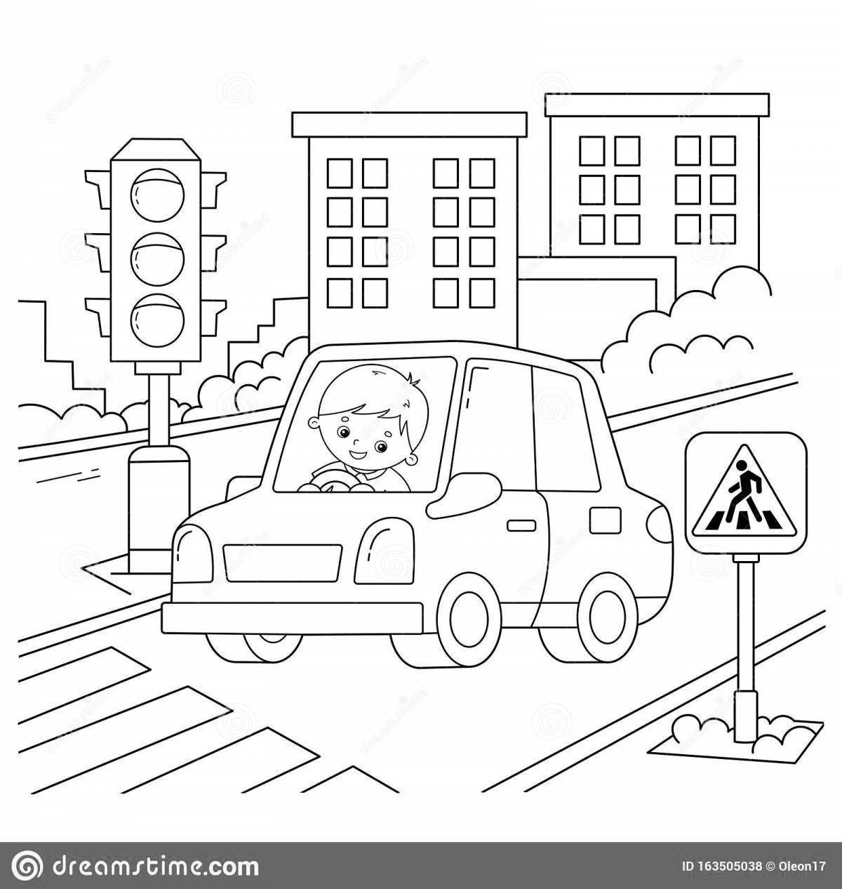 Игривая страница-раскраска «правила дорожного движения» для детей 3-4 лет