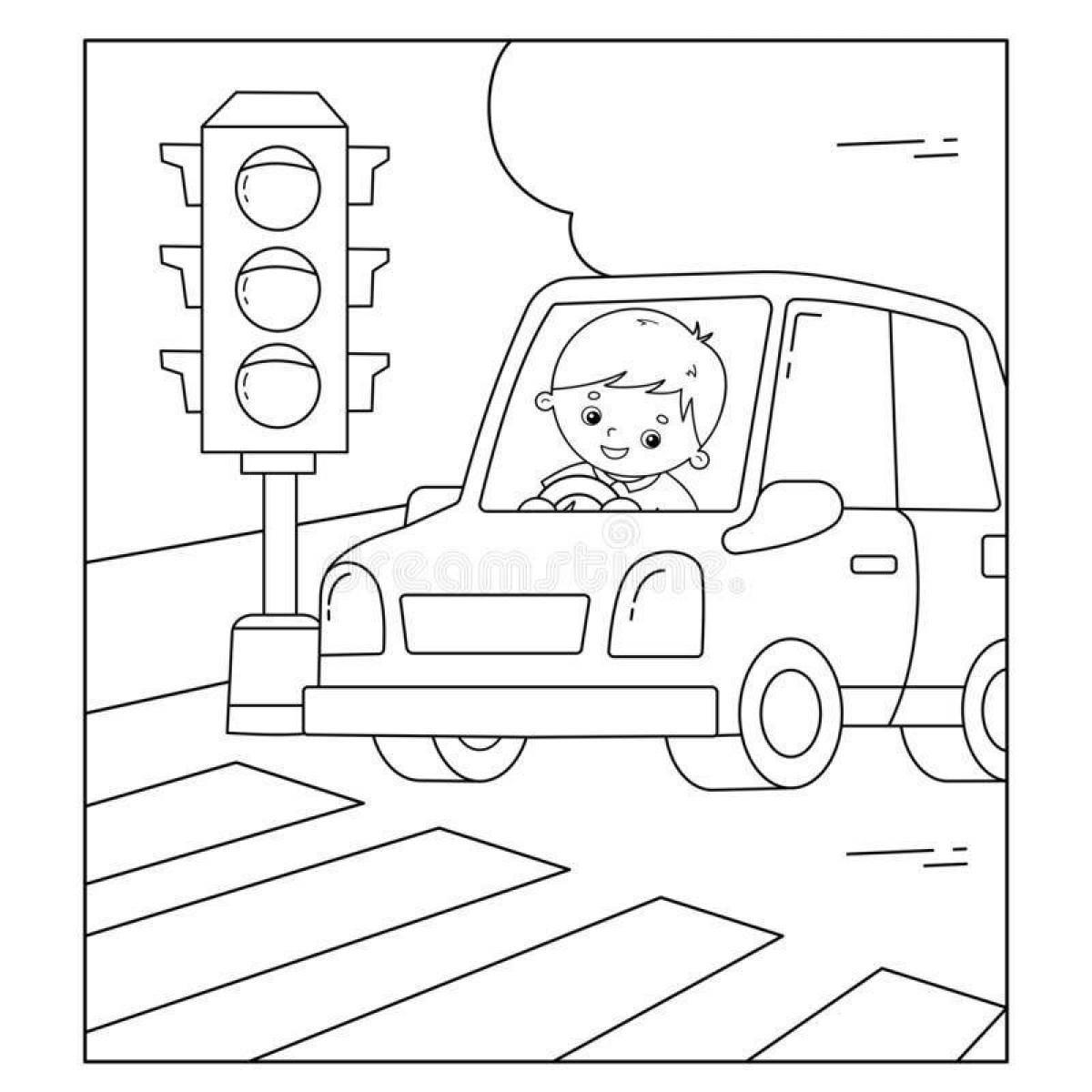 Красочная страница-раскраска «правила дорожного движения» для pre-k