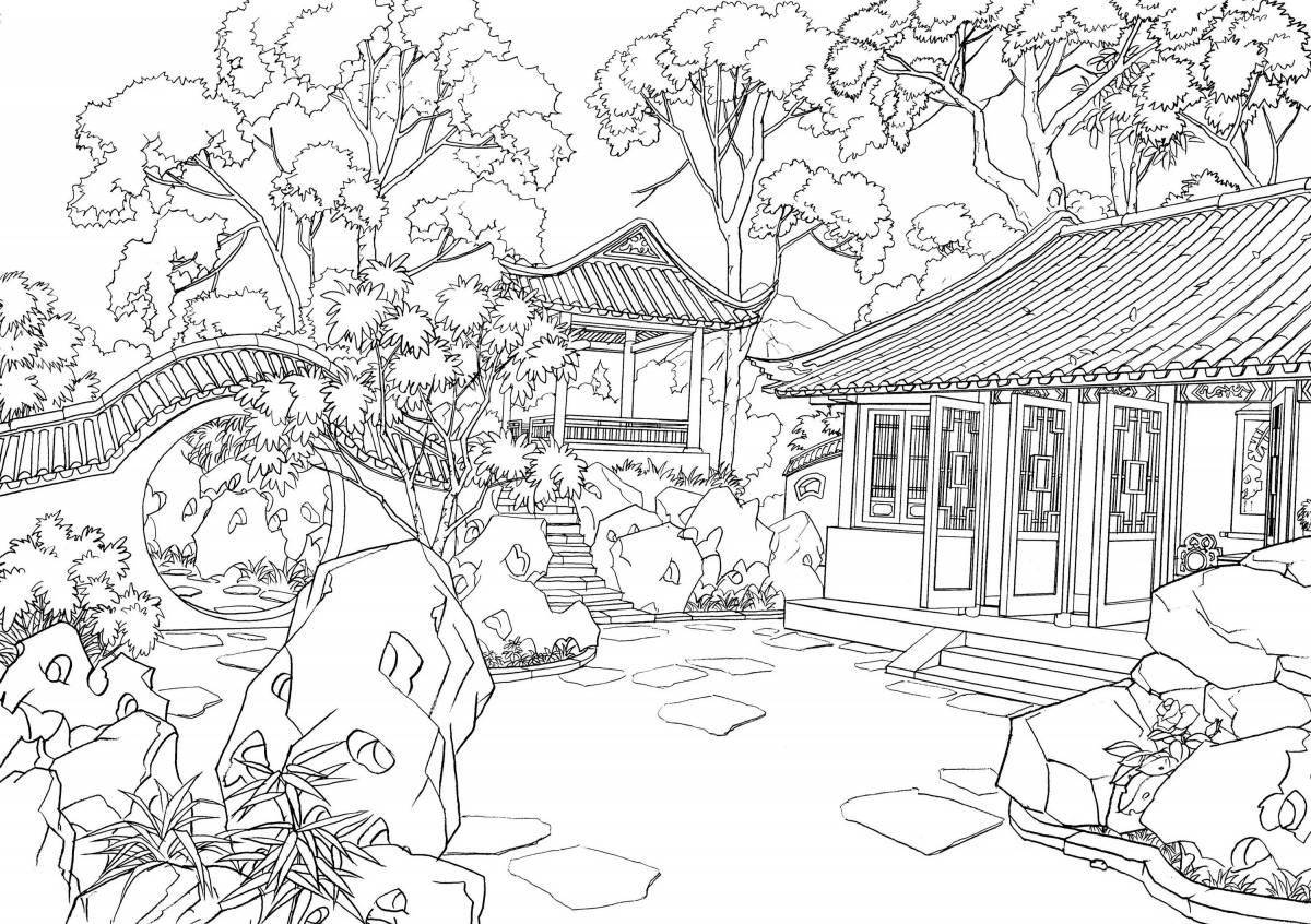 Раскраска тихий японский сад