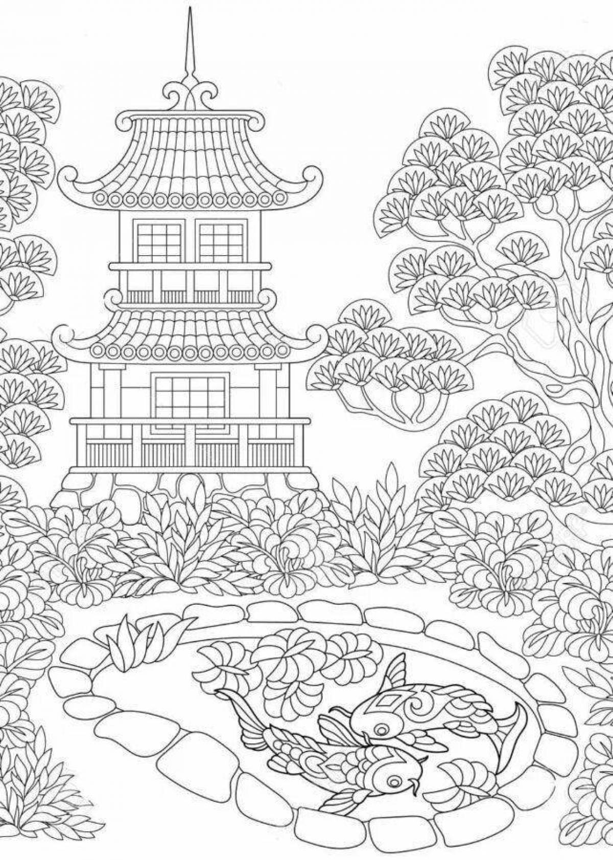 Увлекательная раскраска «японский сад»