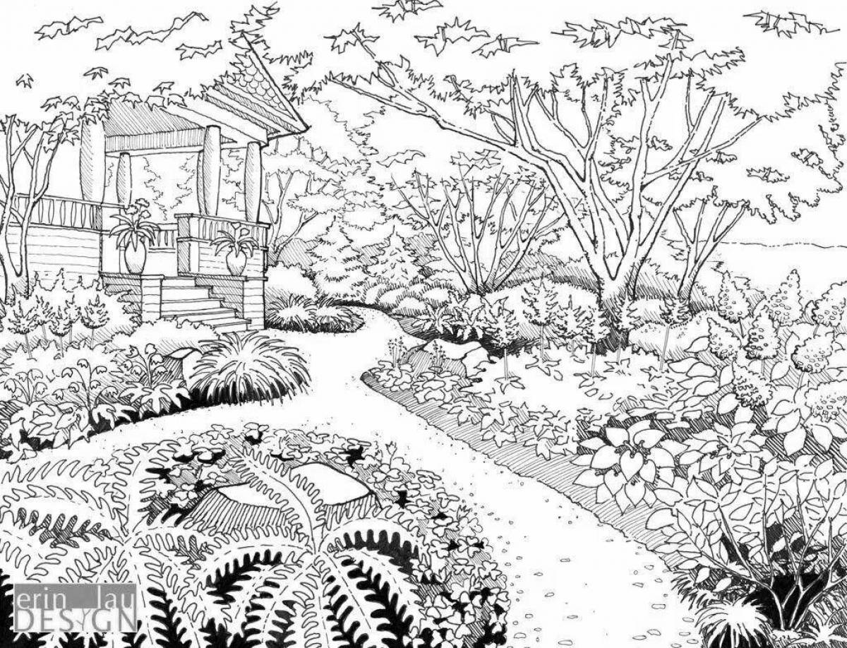Раскраска успокаивающий японский сад