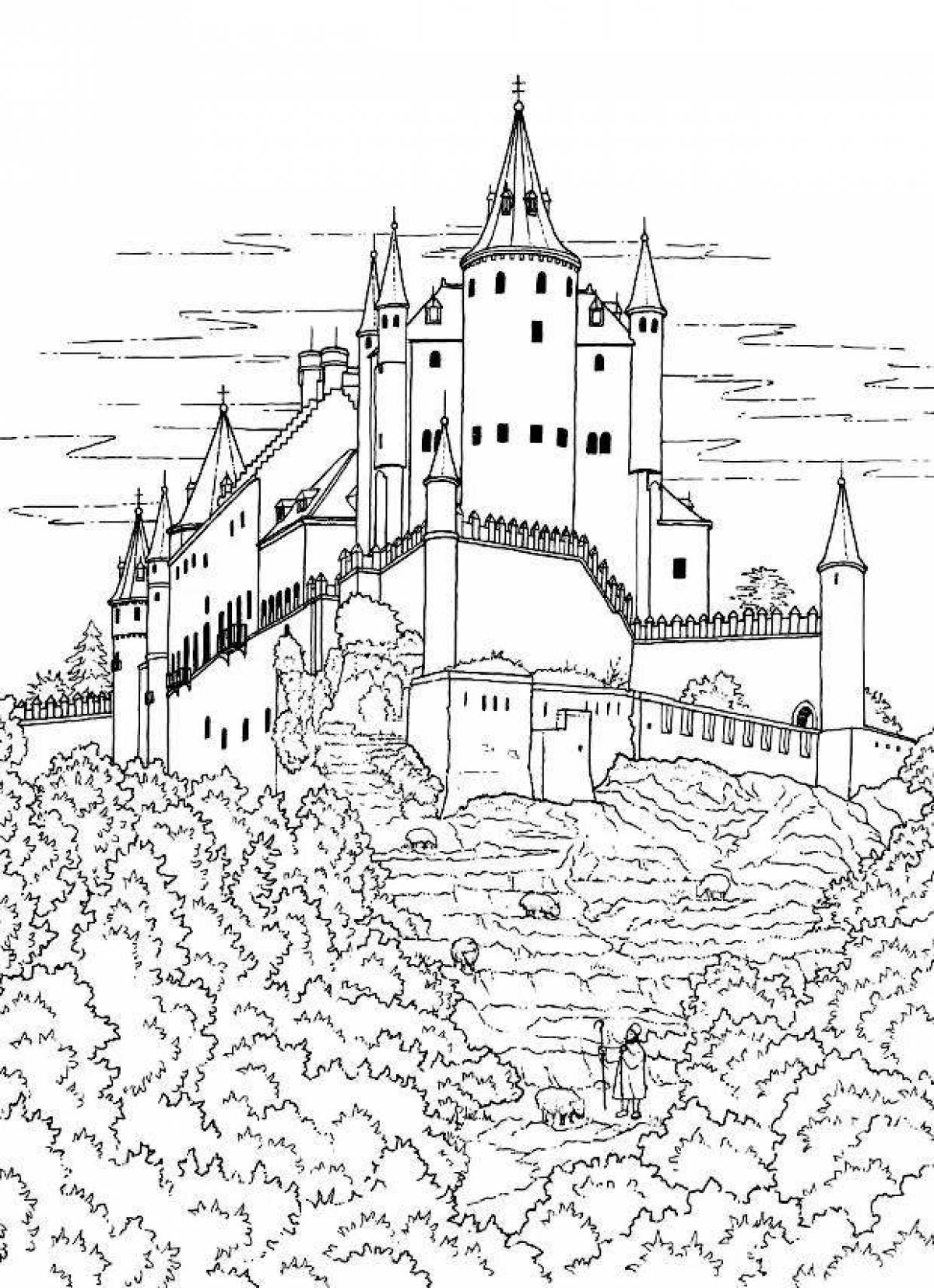 Впечатляющая страница раскраски средневекового замка