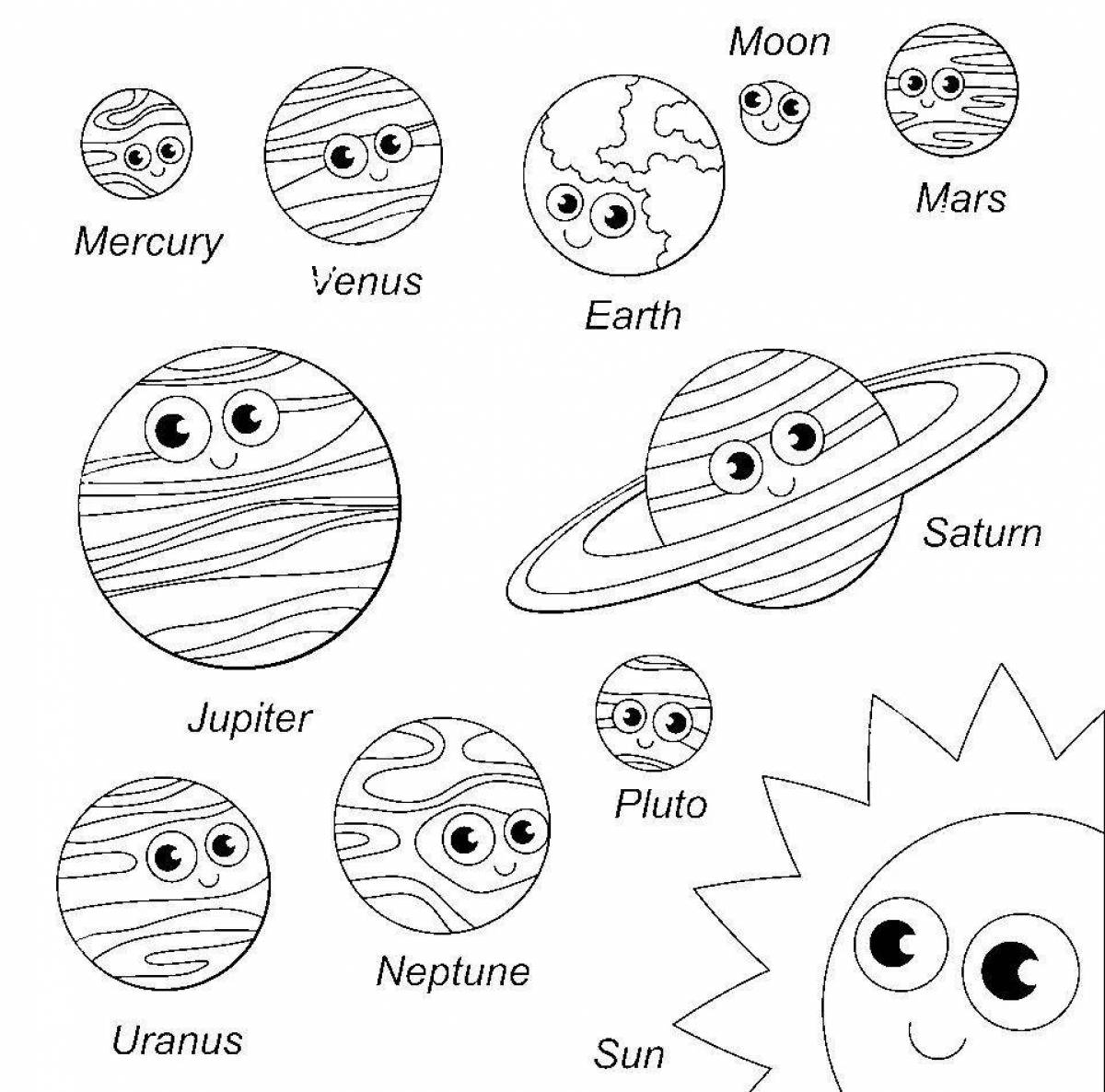 Красивая раскраска планет солнечной системы в порядке от солнца с именами