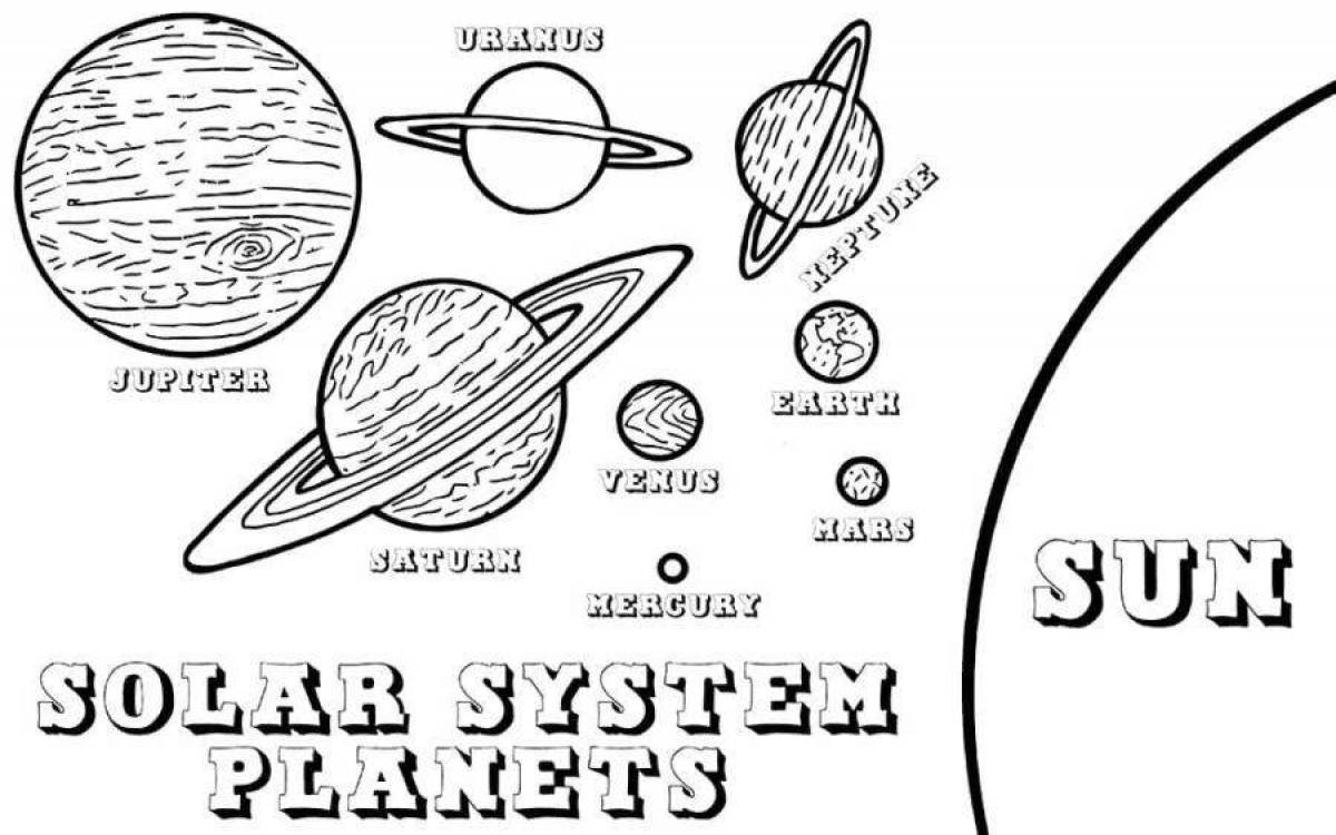 Элегантная раскраска планет солнечной системы в порядке от солнца с именами