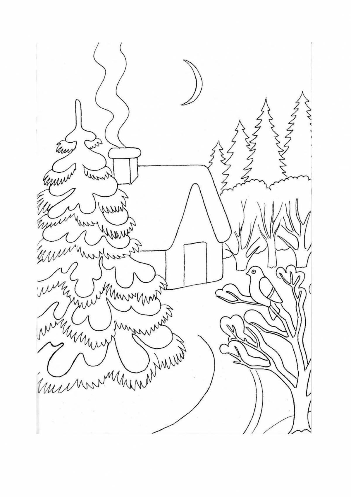 Великолепный зимний пейзаж раскраски страница 2 класс
