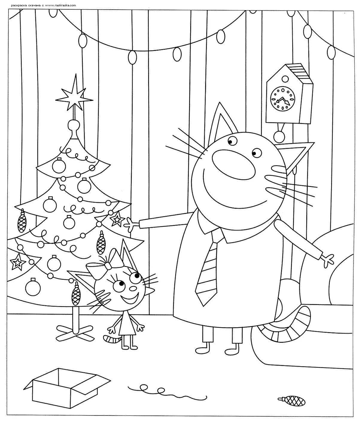 Ярко раскрашенная новогодняя раскраска «три кота»