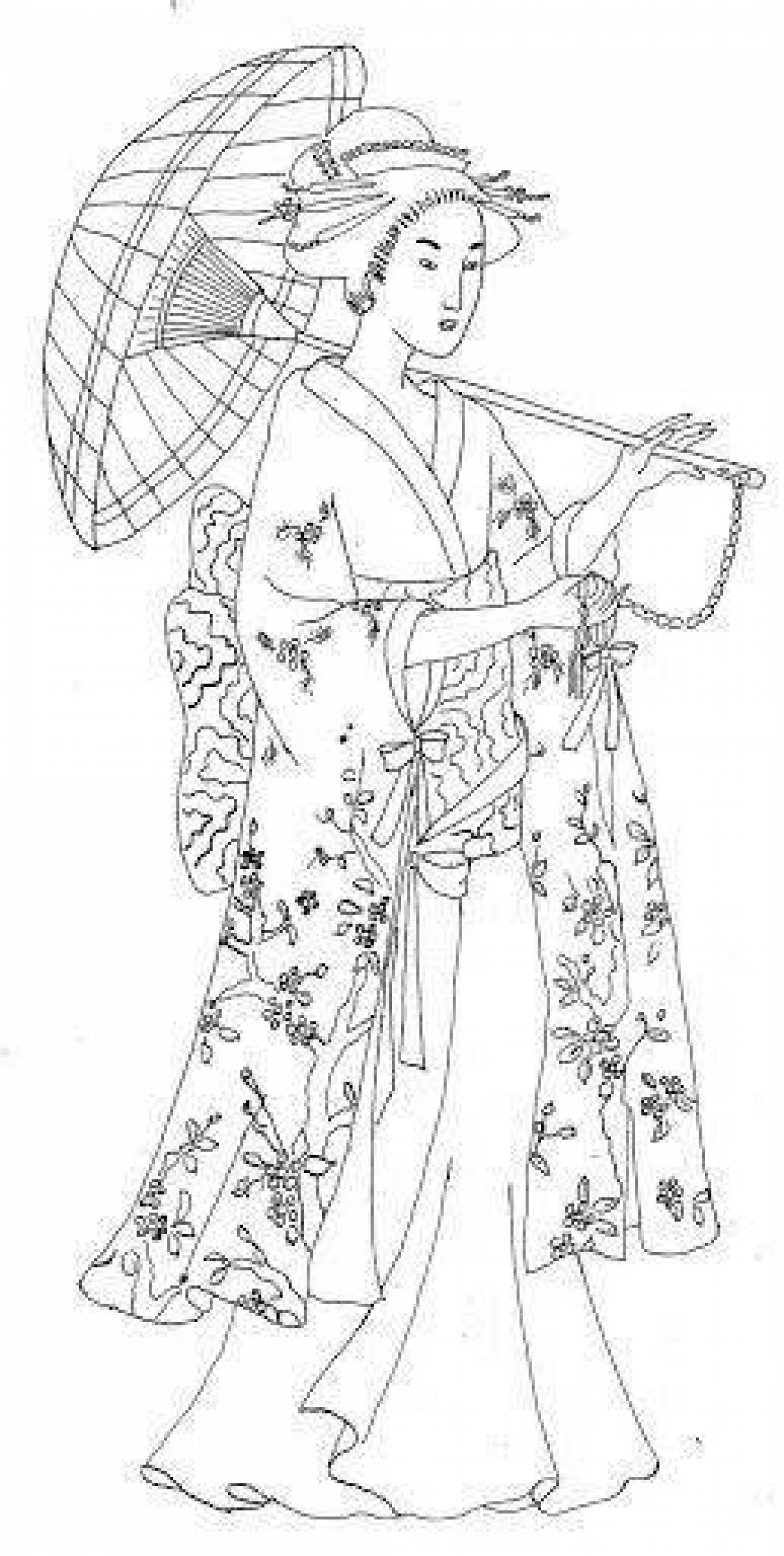 Восхитительная раскраска японка в кимоно рисунок 4 класс