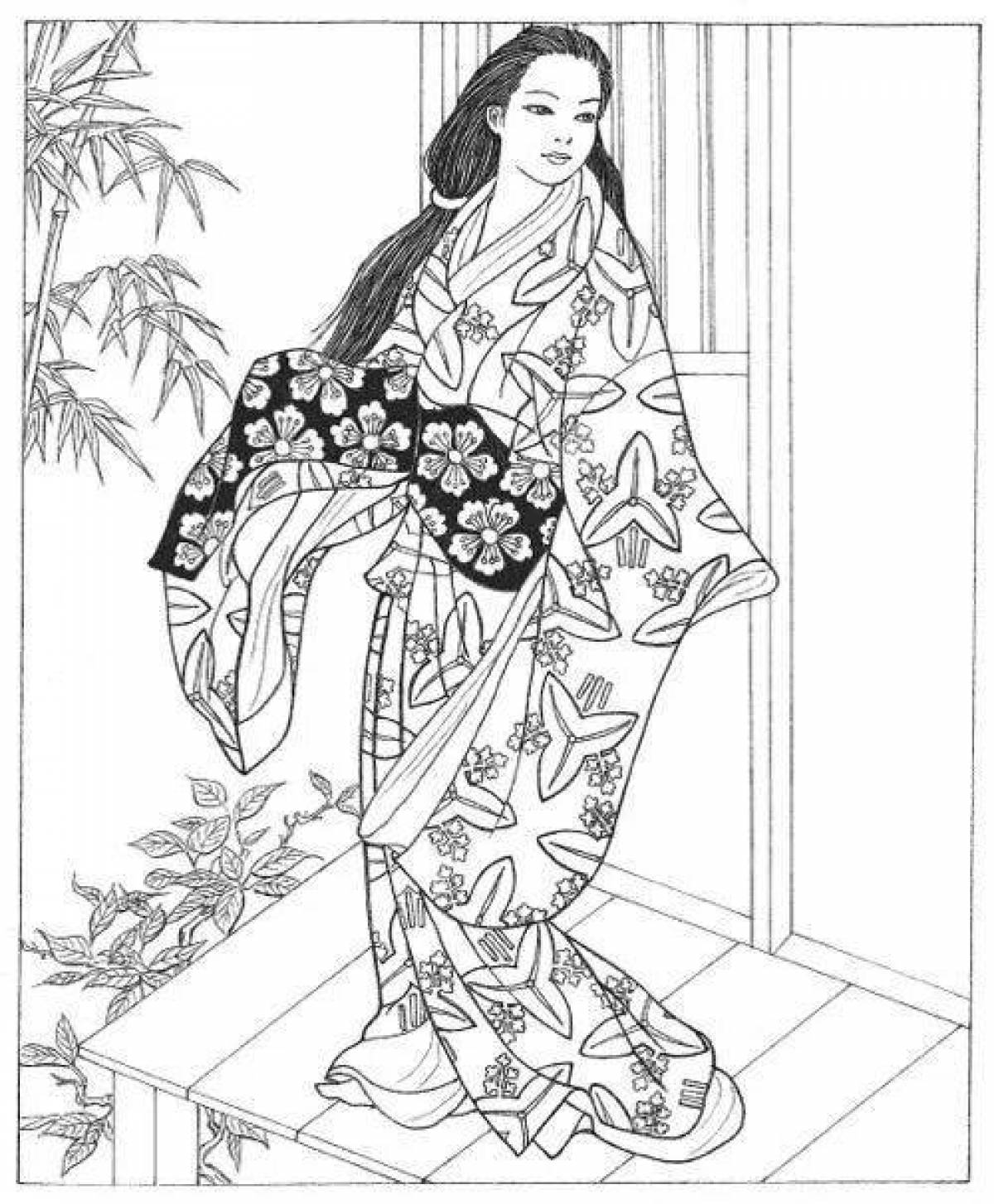 Великолепная раскраска японка в кимоно рисунок 4 класс