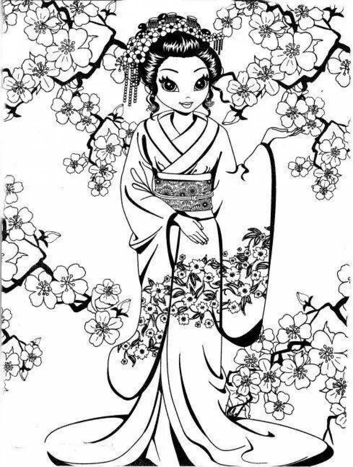 Элегантная раскраска японка в кимоно рисунок 4 класс