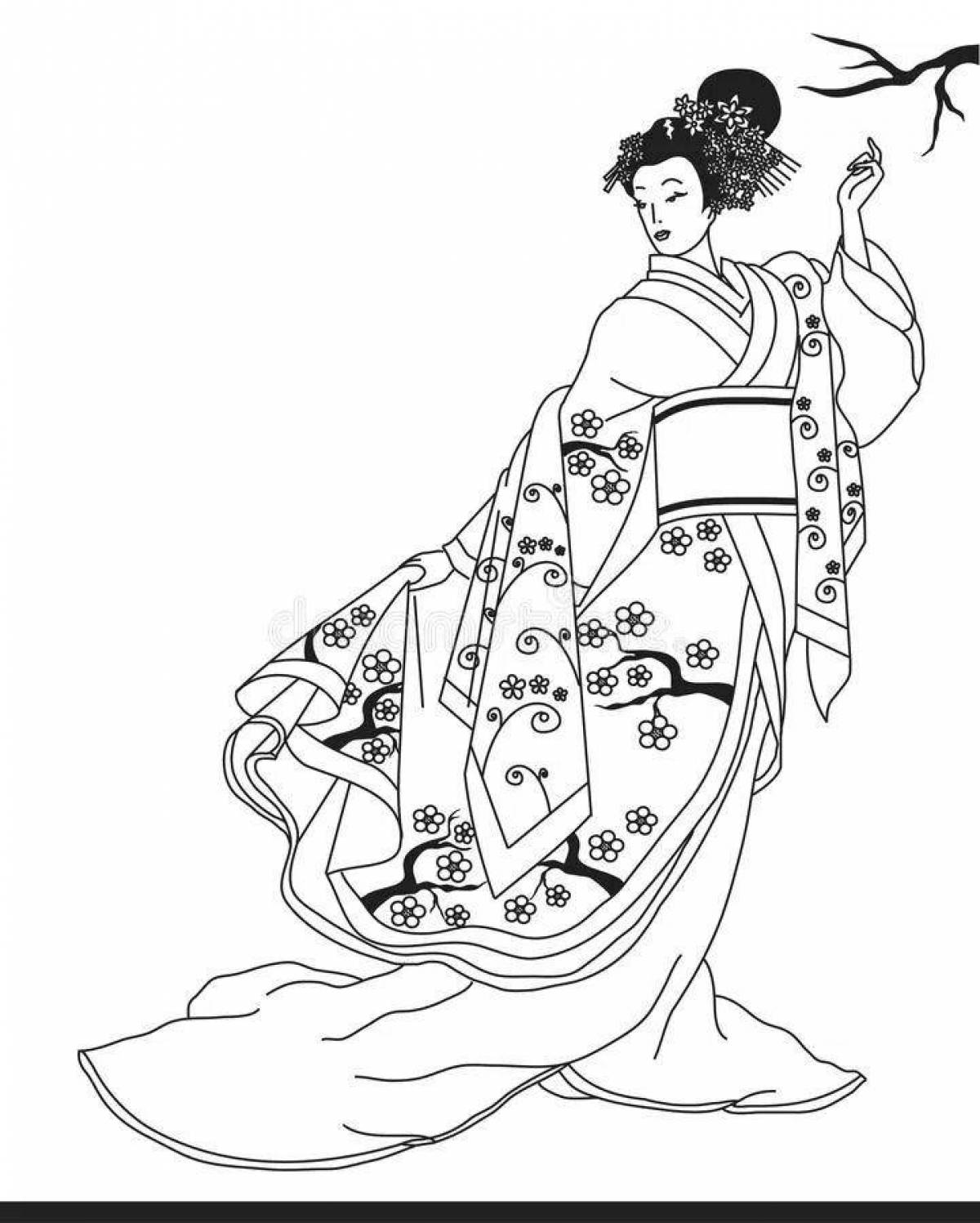 Увлекательная раскраска японка в кимоно рисунок 4 класс