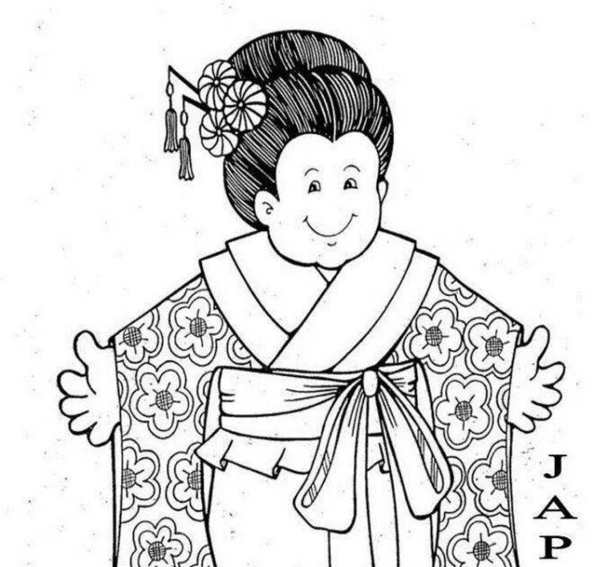 Роскошная раскраска японка в кимоно рисунок 4 класс