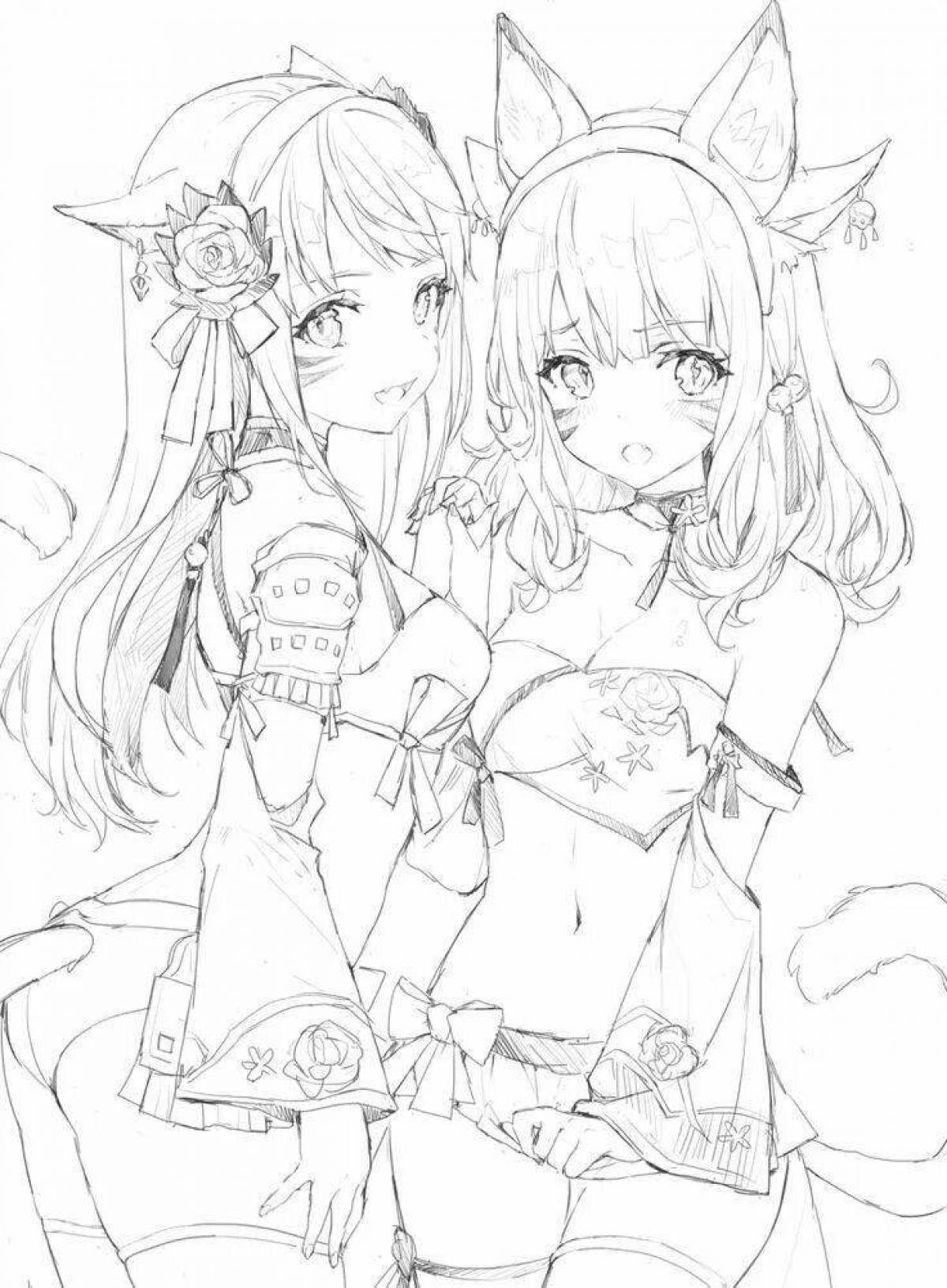 Serene coloring page anime girls with ears
