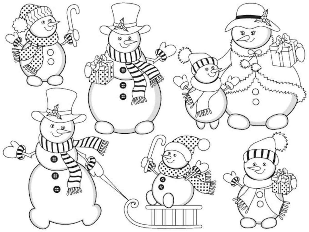 Взволнованные снеговики в шапках и шарфах в горошек