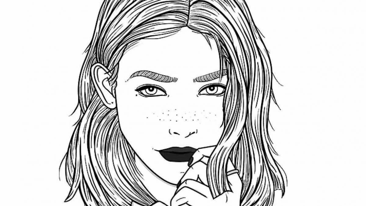 Radiant coloring page girl with caret