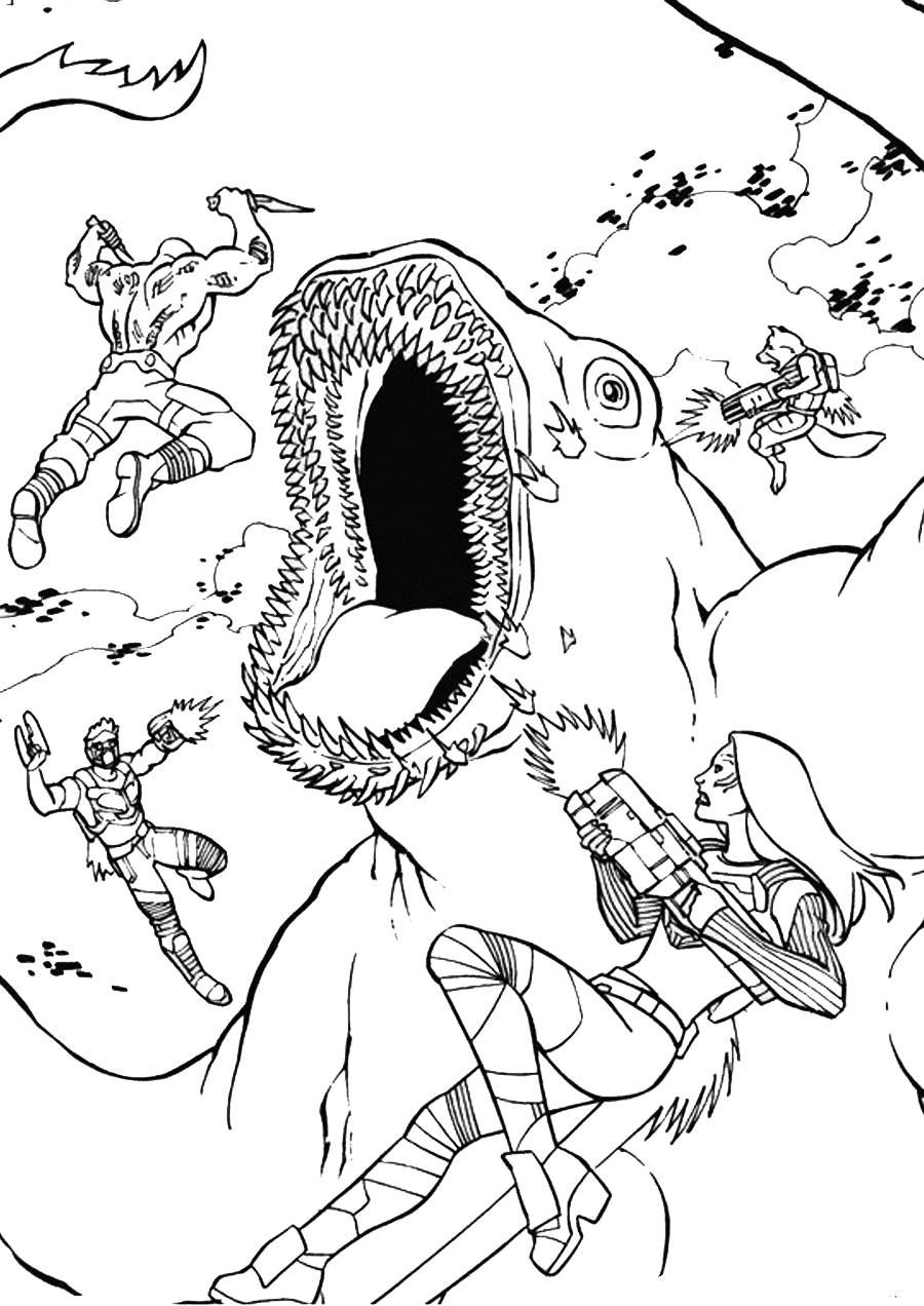 Coloring page guardians of the galaxy and a monster