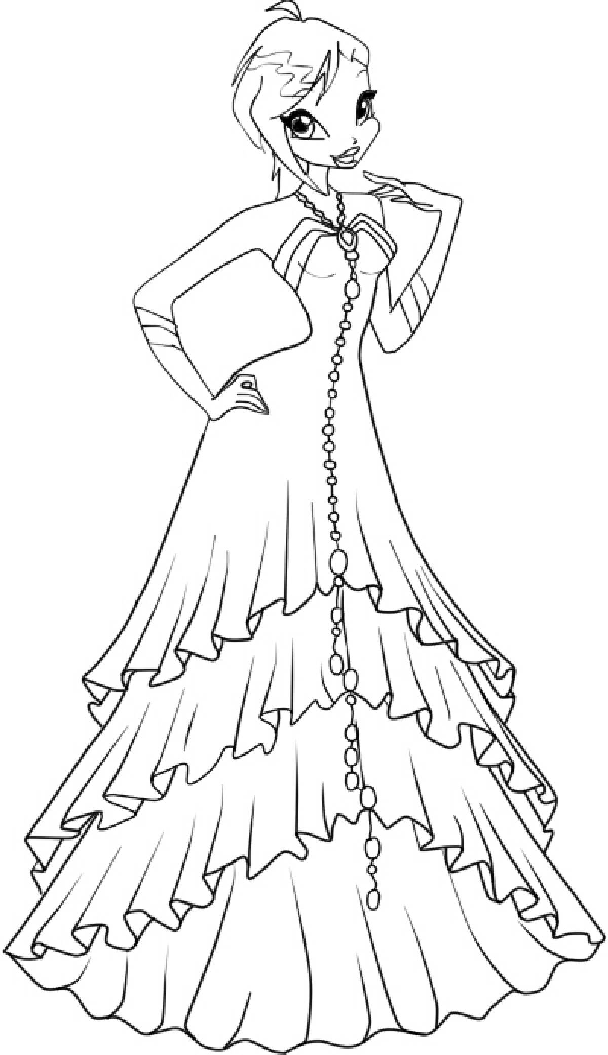 Раскраска Винкс Блум в платье принцессы
