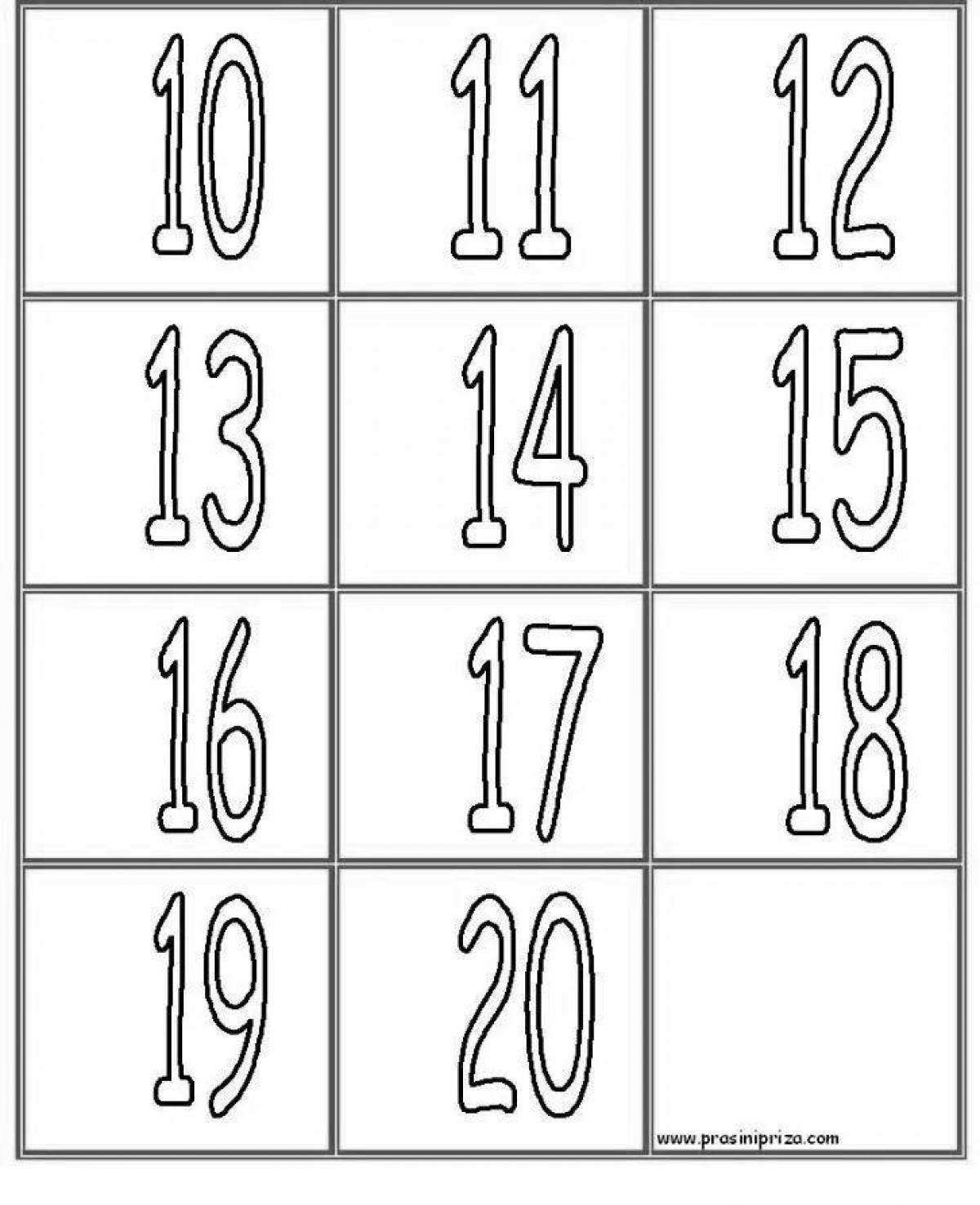 Colored coloring pages with page numbers from 1 to 20