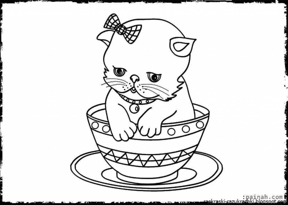 Рисунок котик в кружке раскраска
