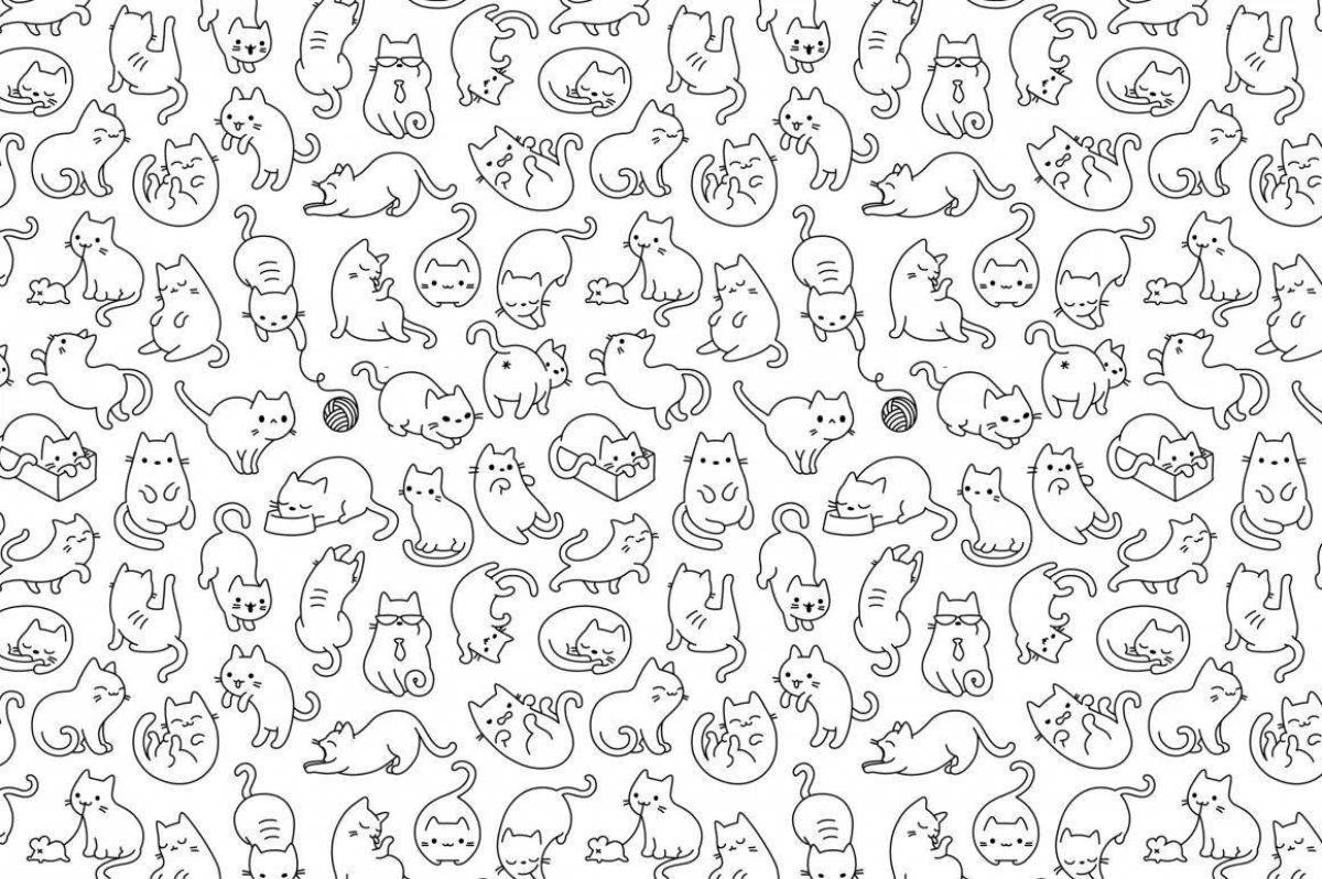 Страница раскраски с наклейками пушистого кота