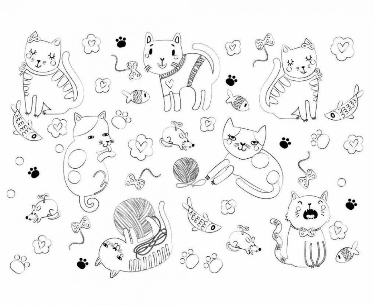 Страница раскраски стикеров с пушистыми кошками